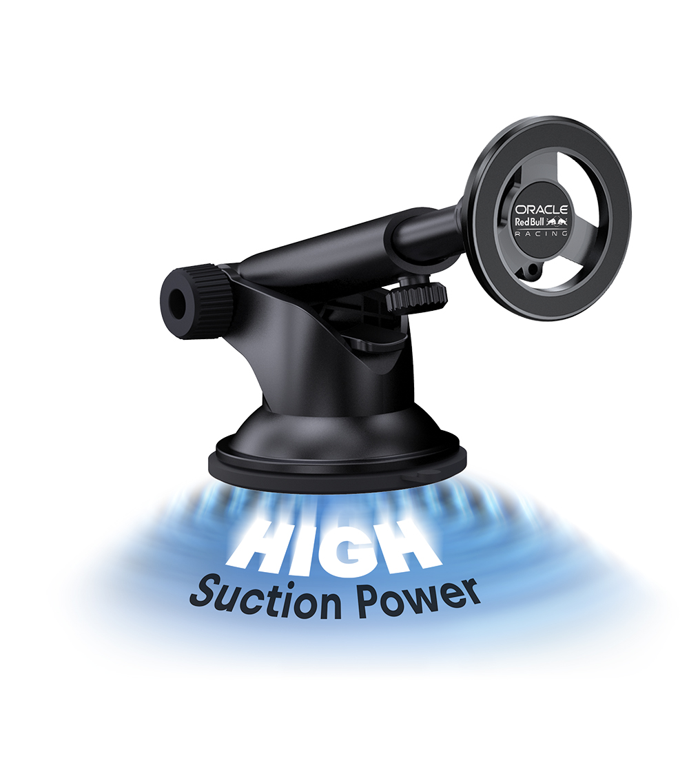 Supporto con ventosa nera con logo Red Bull Racing e testo 'High Suction Power'.