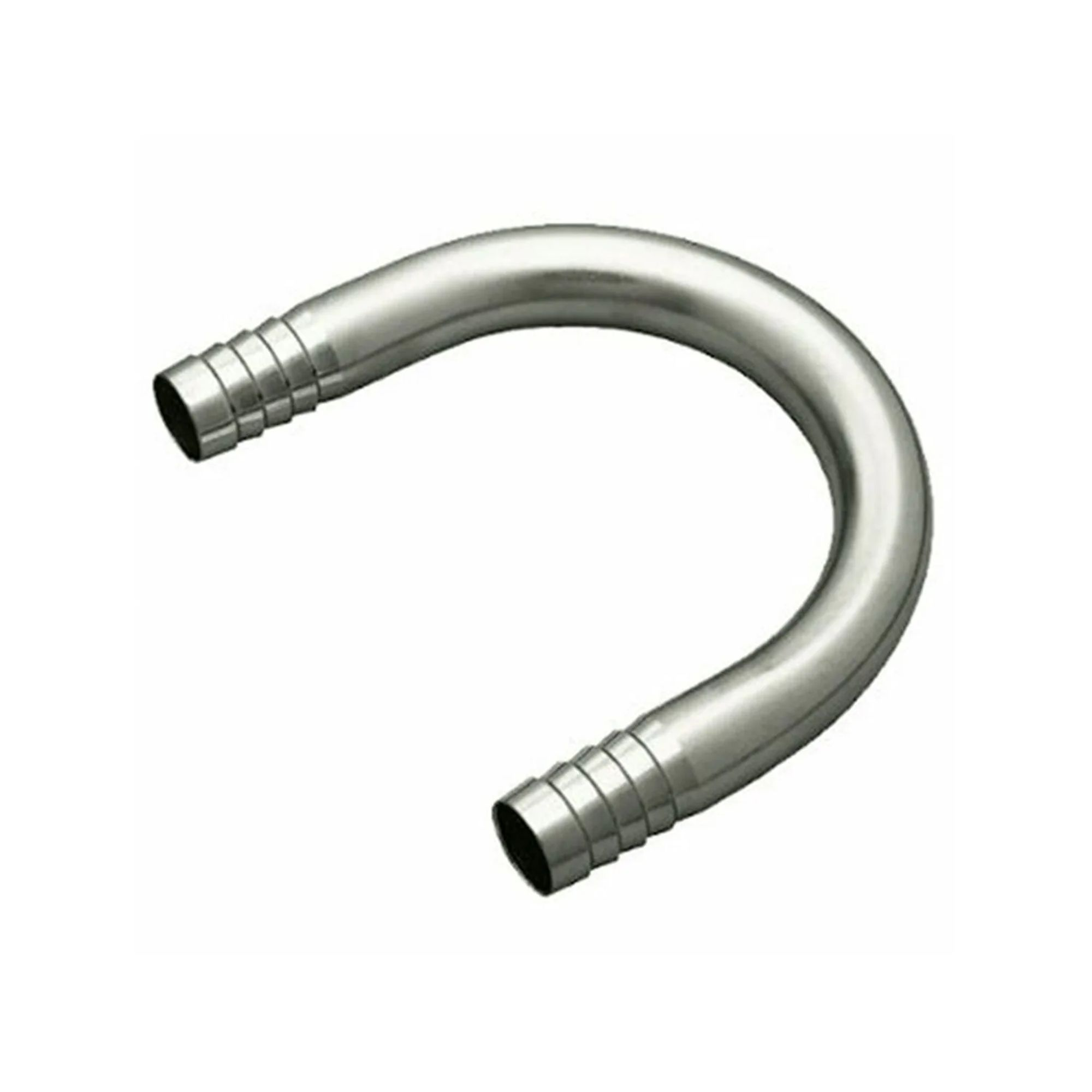 Een zilveren, U-vormige metalen pijp met geribbelde uiteinden op een witte achtergrond.