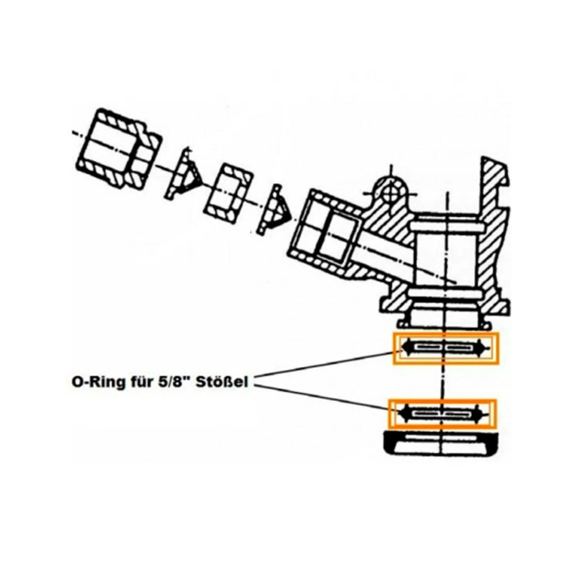 Technische tekening van een klep met O-ringen en pijlen die beweging aangeven.