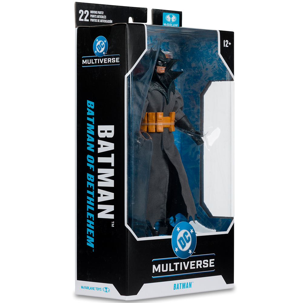 Figura de Batman en caja, capa gris, cinturón naranja, DC Multiverse.