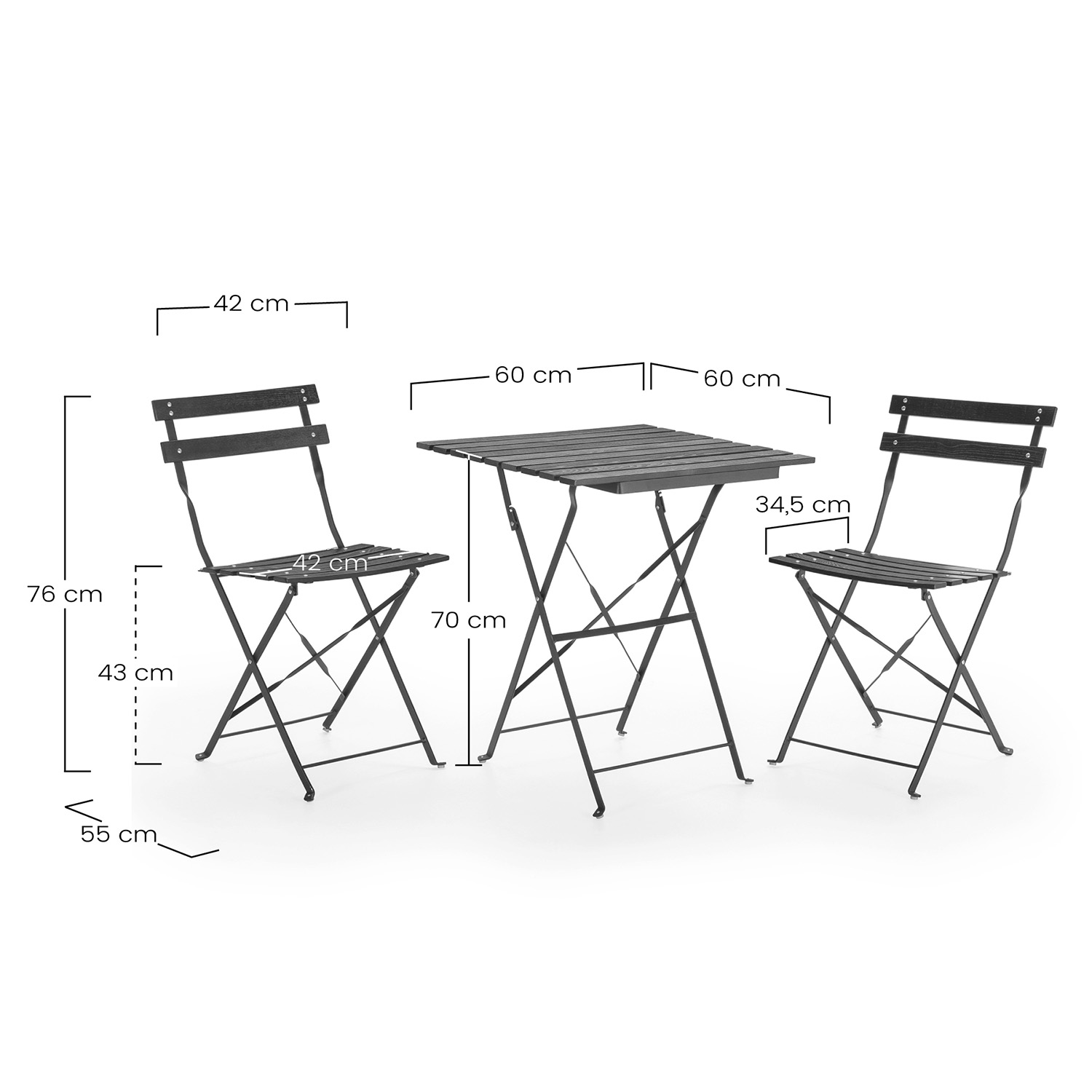 Una mesa plegable negra y dos sillas con medidas