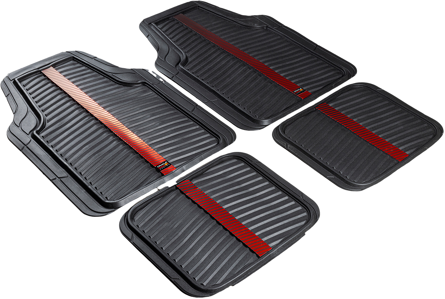 Quattro tappetini neri per auto con texture a coste e striscia rossa.