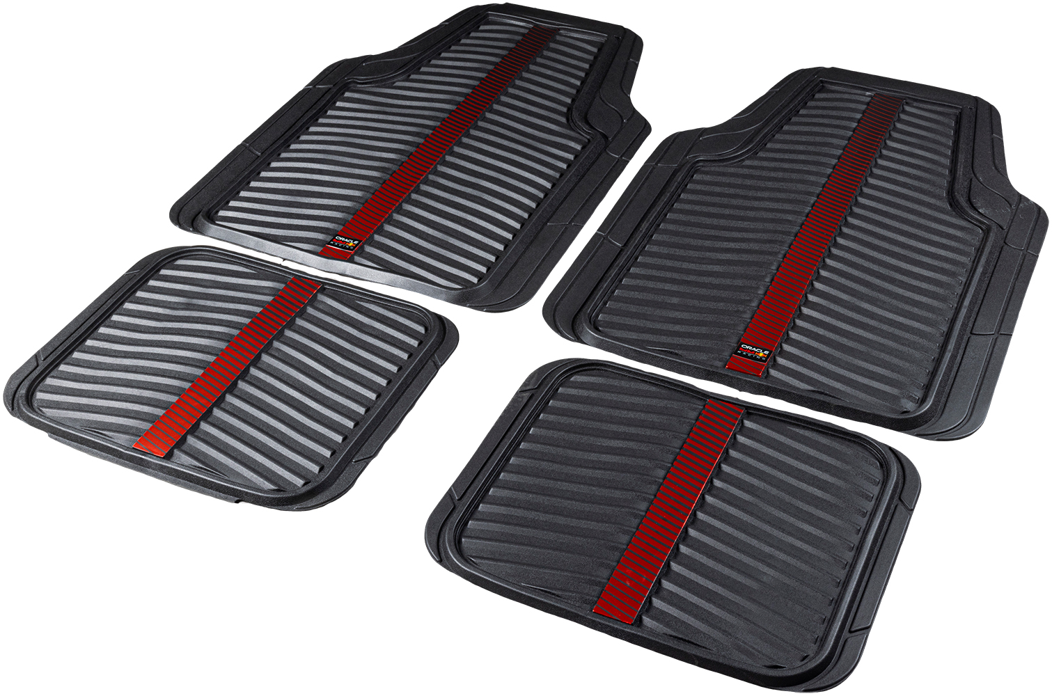 Quattro tappetini per auto neri con scanalature grigie e una striscia rossa.