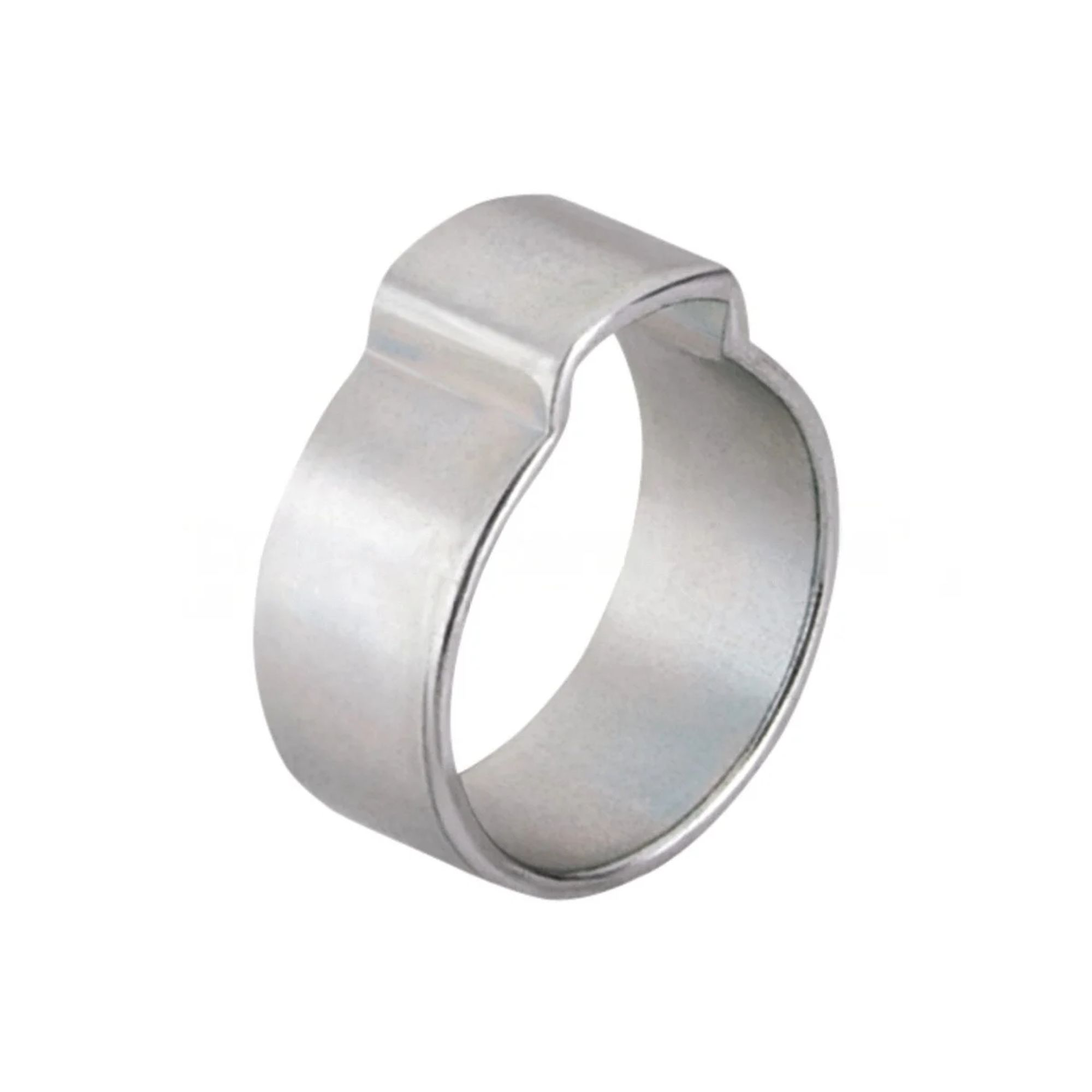 A single, silver hose clamp clip with a round opening.