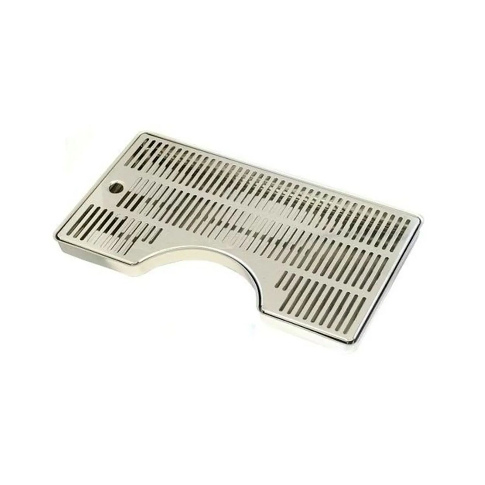 A silver drip tray with slots and a round hole. It has a cut-out corner.