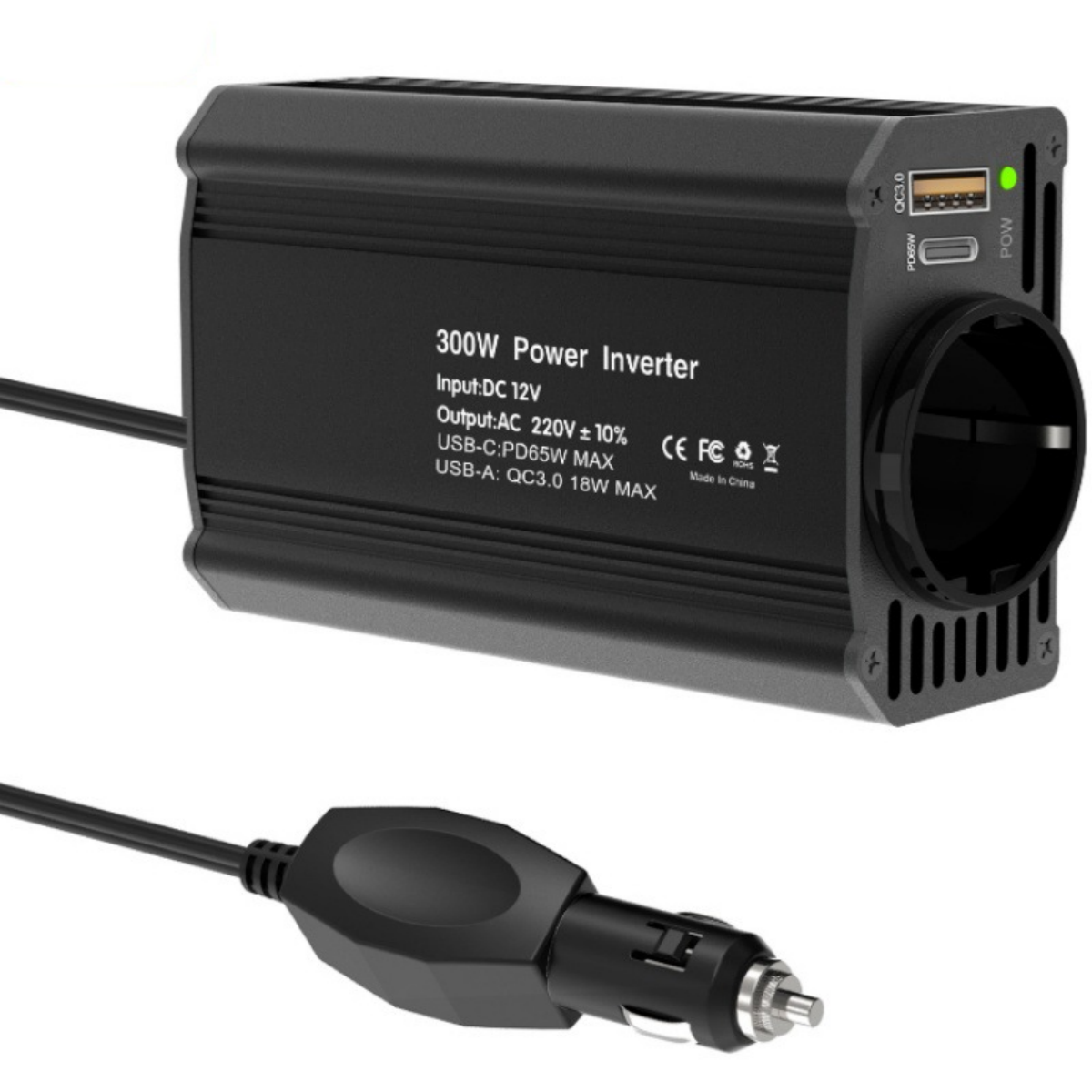 Schwarzer 300W Wechselrichter mit Zigarettenanzünderstecker und USB-Anschlüssen.