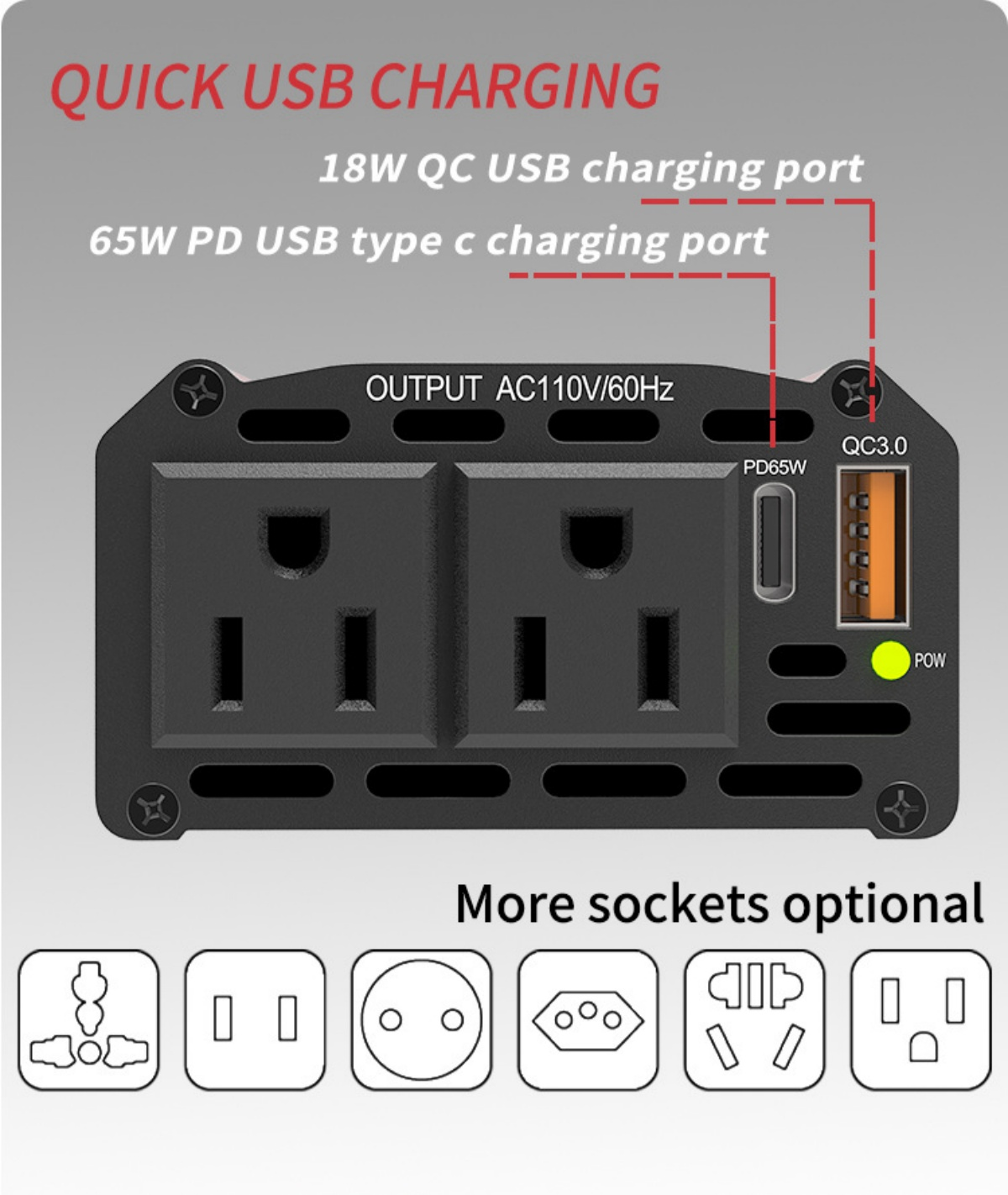 Ein schwarzer Netzwechselrichter mit zwei Steckdosen, USB-C und QC3.0-Anschluss.