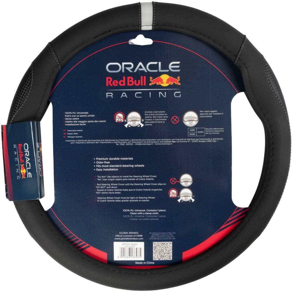 Coprivolante nero Oracle Red Bull Racing in PU, universale, con strisce bianche.