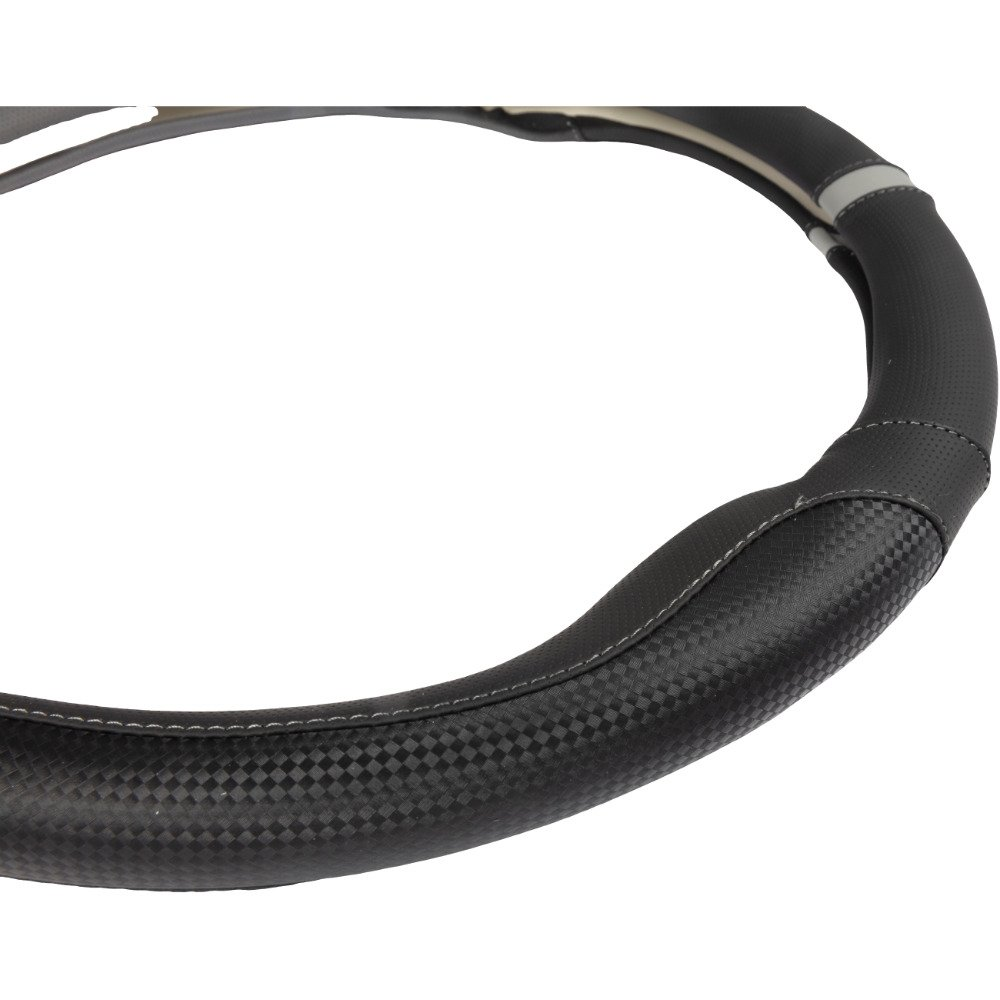 Coprivolante nero effetto fibra di carbonio con cuciture bianche.