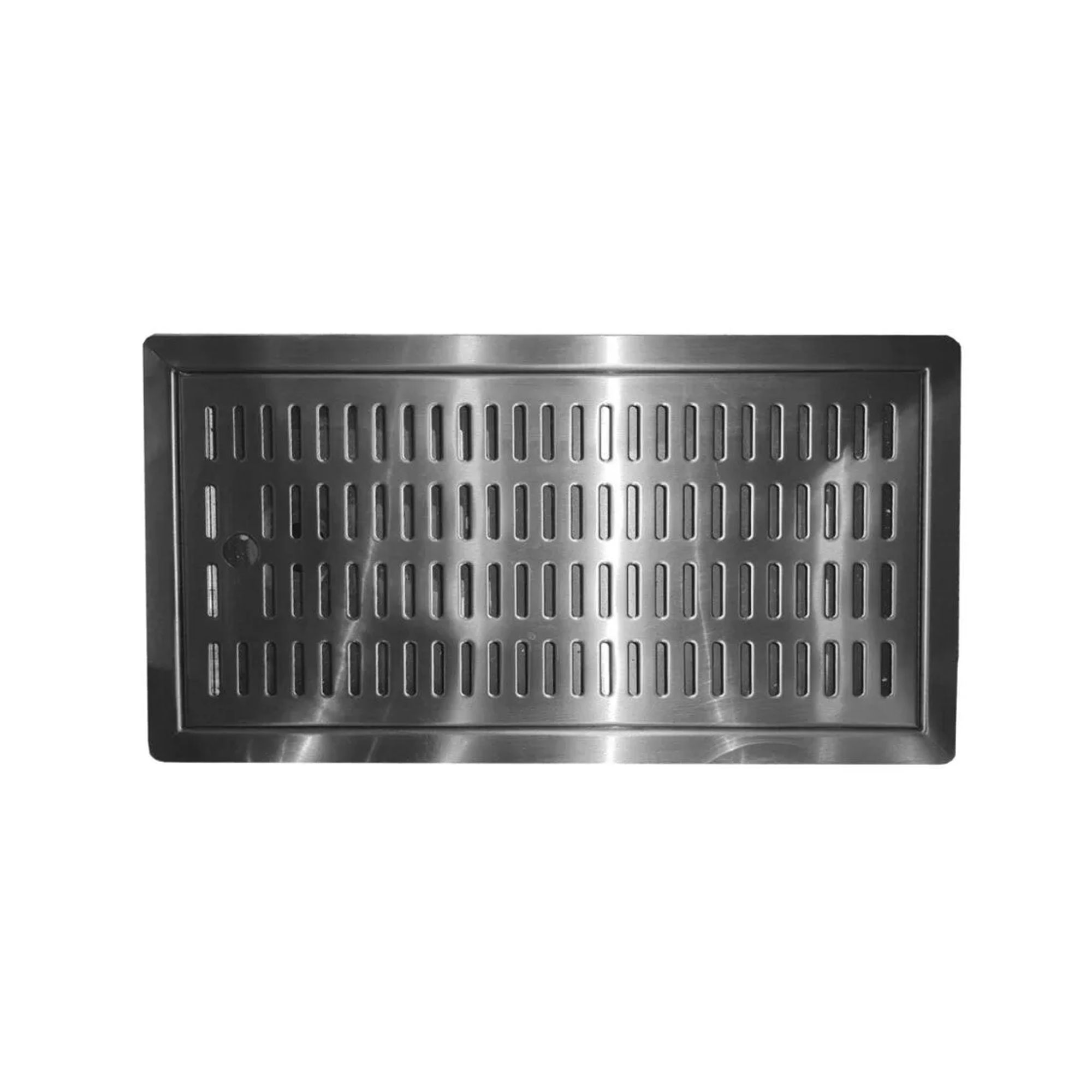 Stainless steel cover with rectangular slots and a handle.