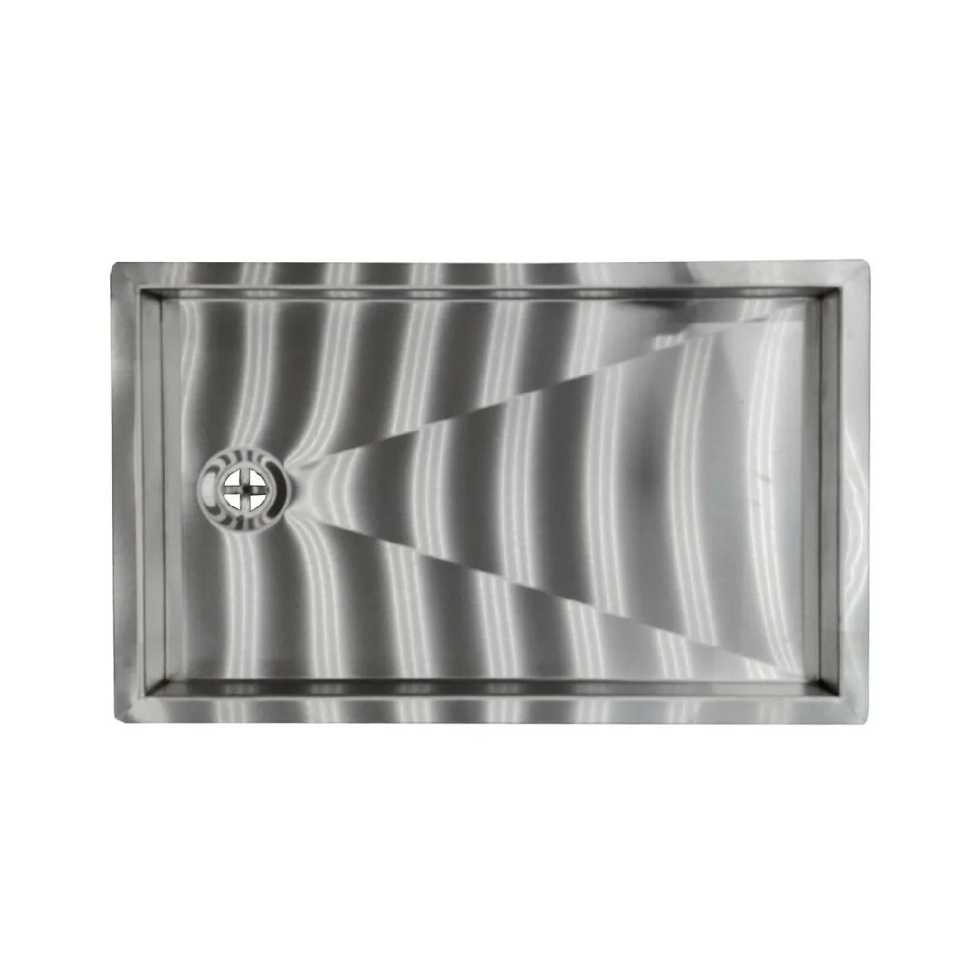 A shiny stainless steel sink with a drain grate in the center, white background.