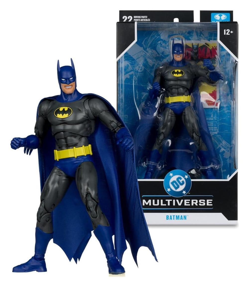 Figura de acción de Batman con traje negro y azul, cinturón amarillo, junto a su empaque.