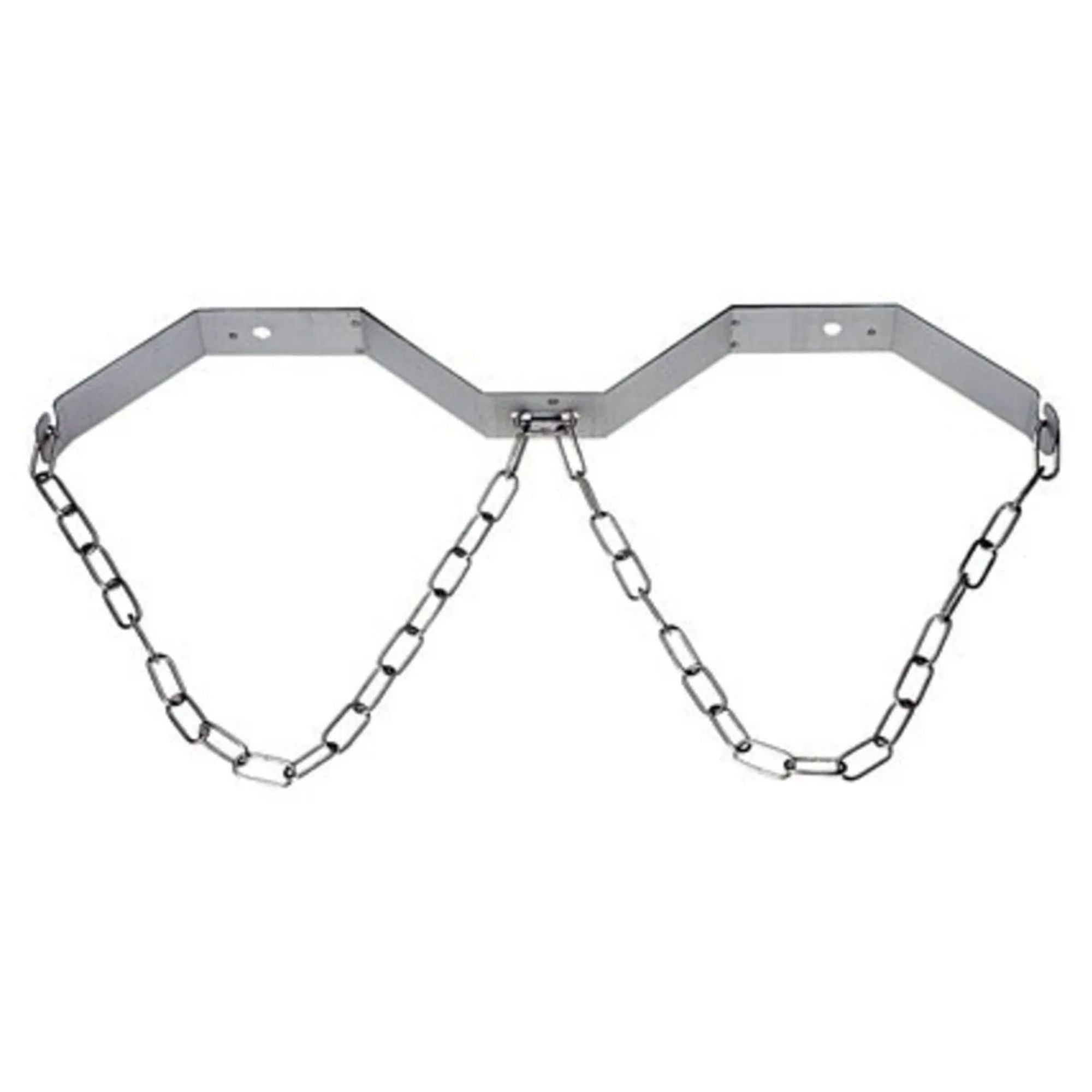 Een zilveren metalen cilinderbeugel met twee kettingen.