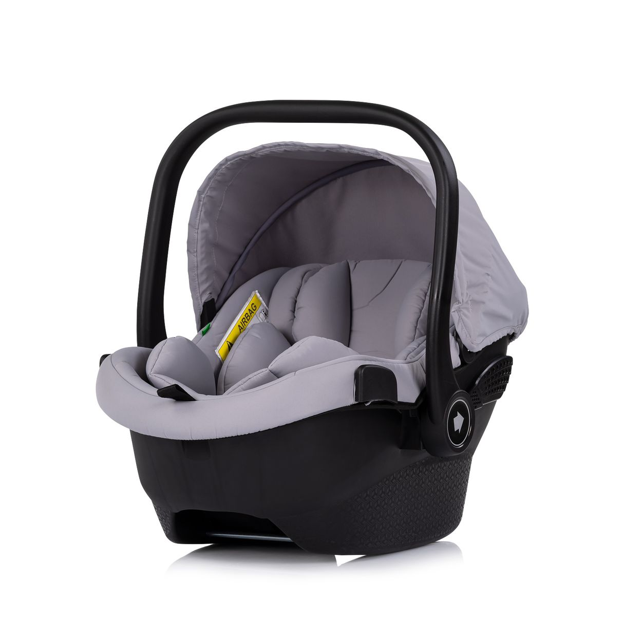 Ein grauer Kindersitz mit schwarzem Griff und Sonnenschutz.
