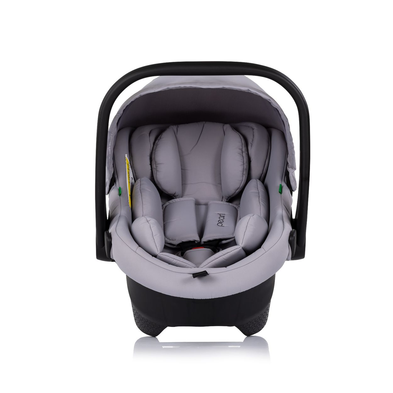 Grauer Kindersitz mit Überdachung und Gurten, schwarzer Griff.