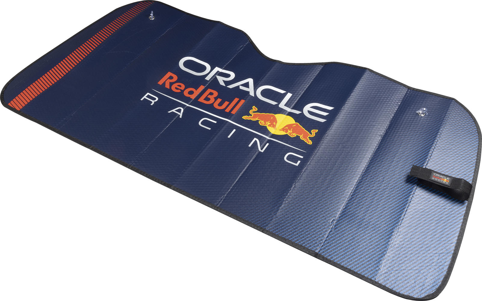 Parasole blu scuro per auto con logo Oracle Red Bull Racing e grafiche di tori.