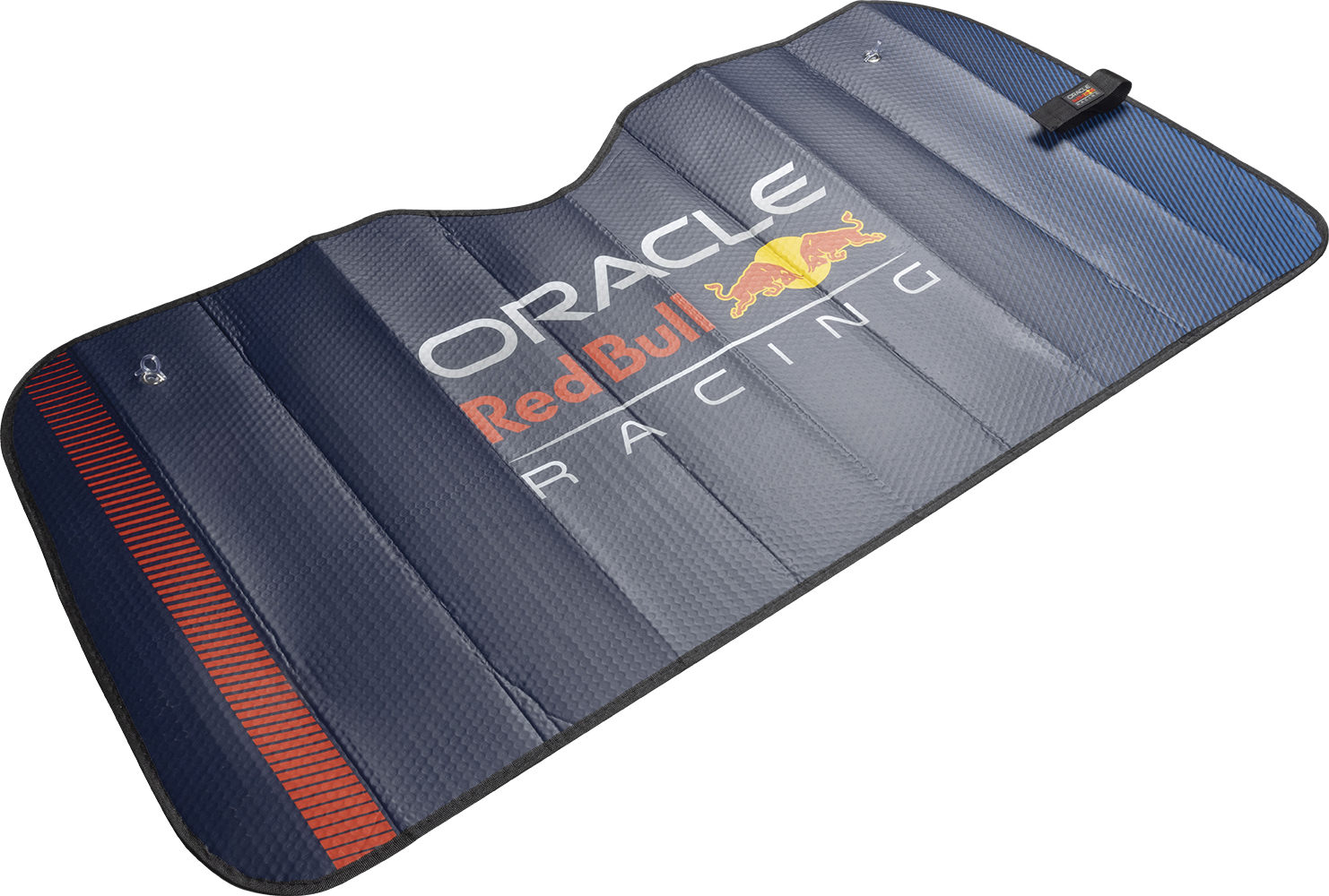 Una tenda parasole per auto Oracle Red Bull Racing blu scuro con strisce arancioni.