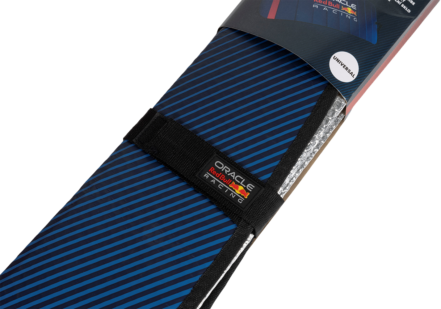 Parasole per auto a strisce blu e blu scuro con logo Oracle Red Bull Racing.