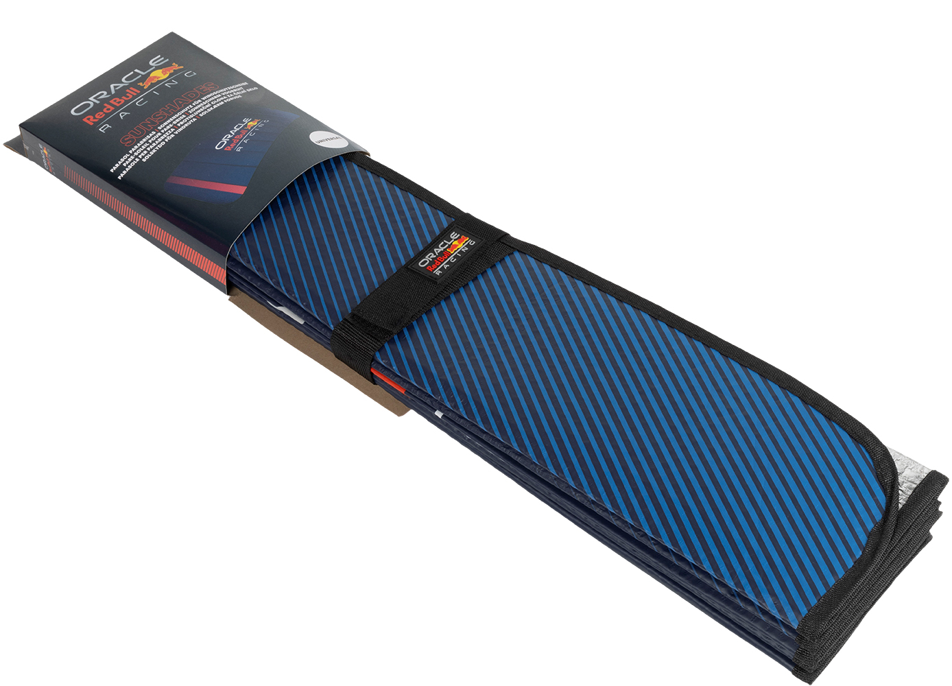 Una visiera parasole Oracle Red Bull Racing a strisce blu è nella confezione.