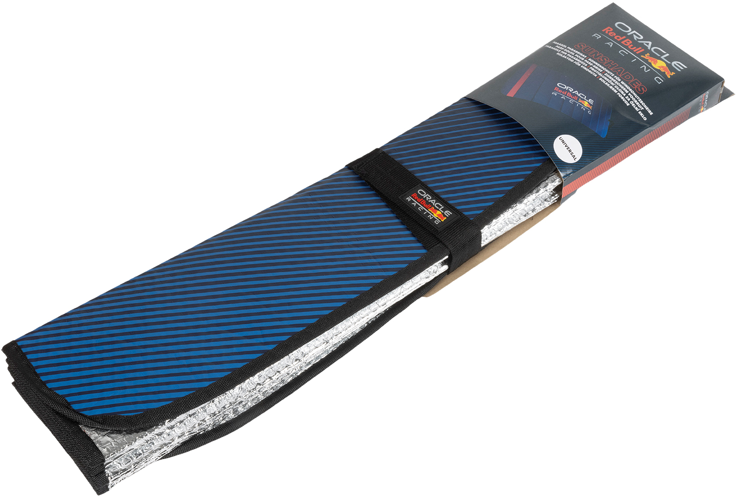 Parasole blu a righe con logo Red Bull Racing, confezionato.