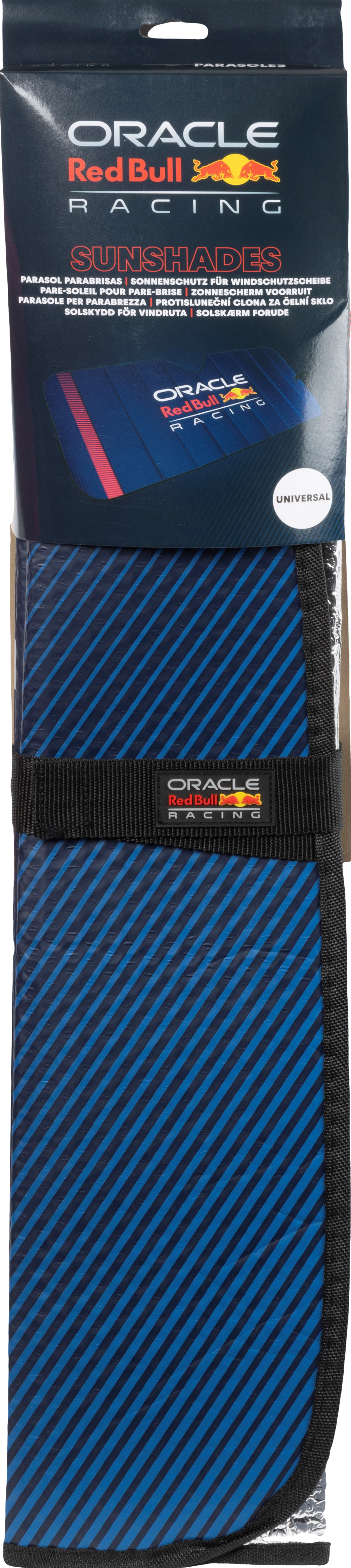 Parasole Oracle Red Bull Racing con strisce blu e loghi.