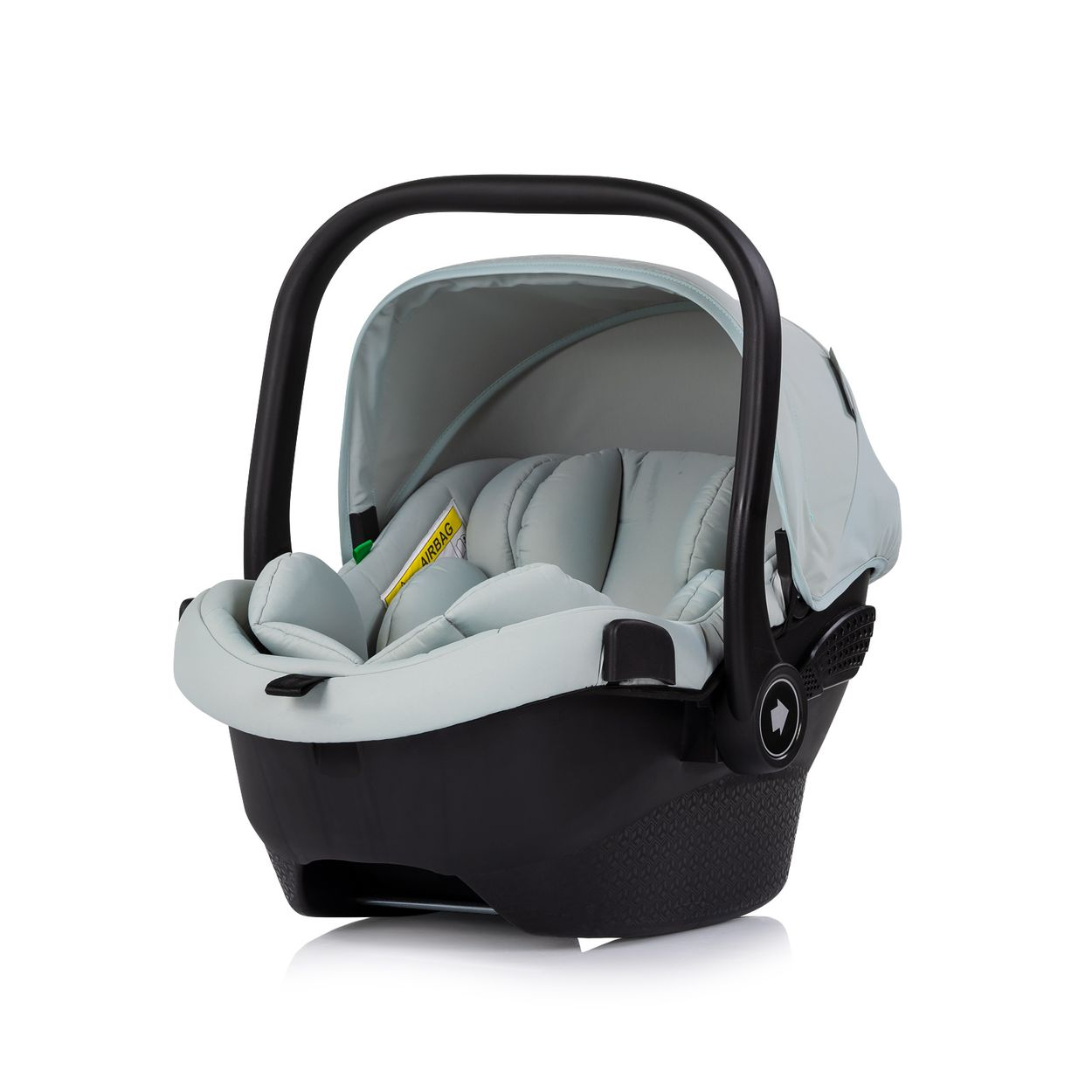 Ein hellblauer Kindersitz mit schwarzem Griff und Basis auf weißem Grund.