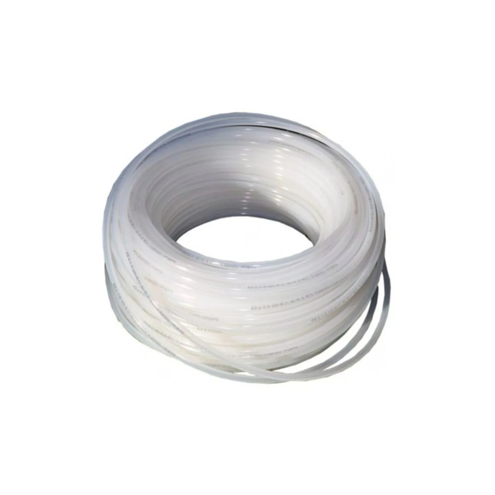 A coil of white translucent tubing isolated on a white background.