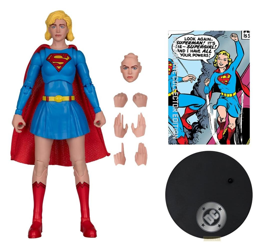 Figura de acción de Supergirl con accesorios, panel de cómic y soporte.