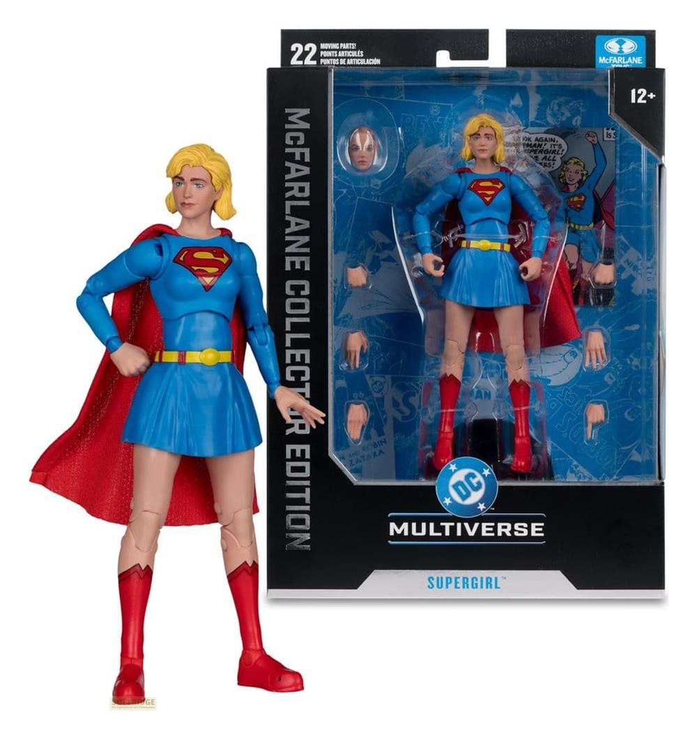 Figura de acción de Supergirl con capa roja, vestido azul y botas rojas. Empaquetada.