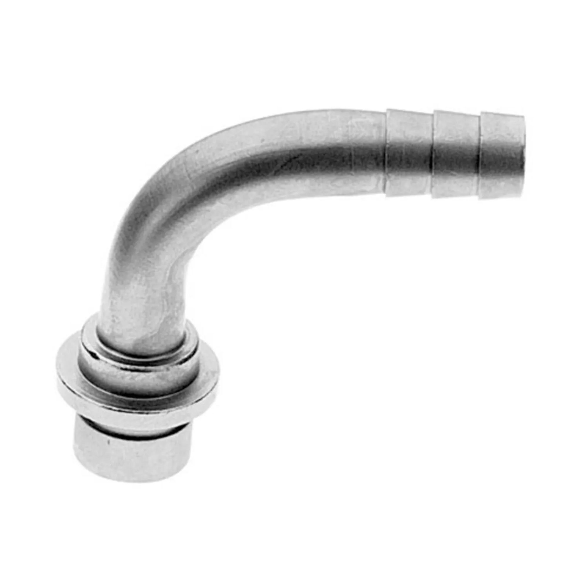 A silver metal elbow fitting with barbed hose connector.