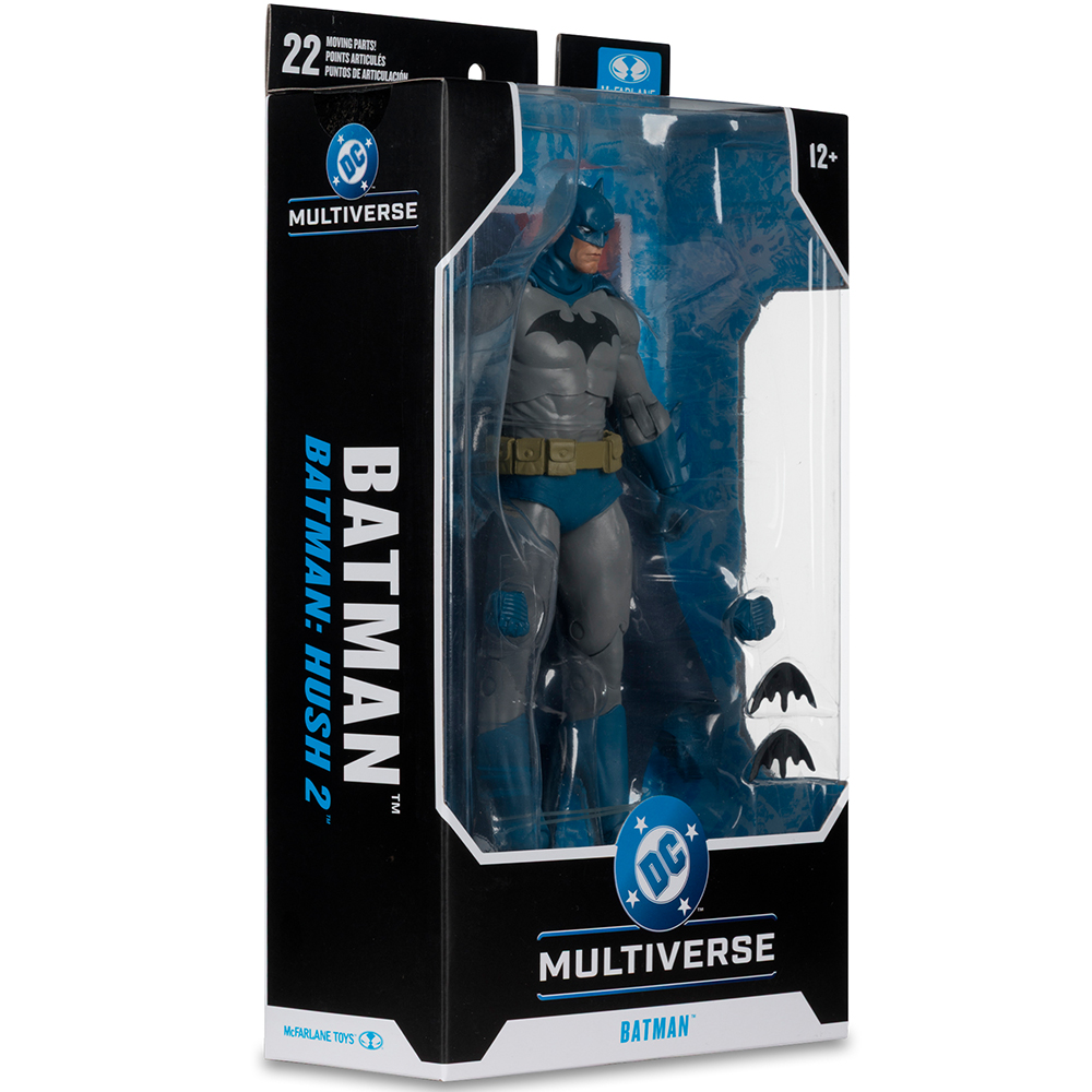 Figura de acción de Batman en caja con marca DC Multiverse y Batman: Hush 2.