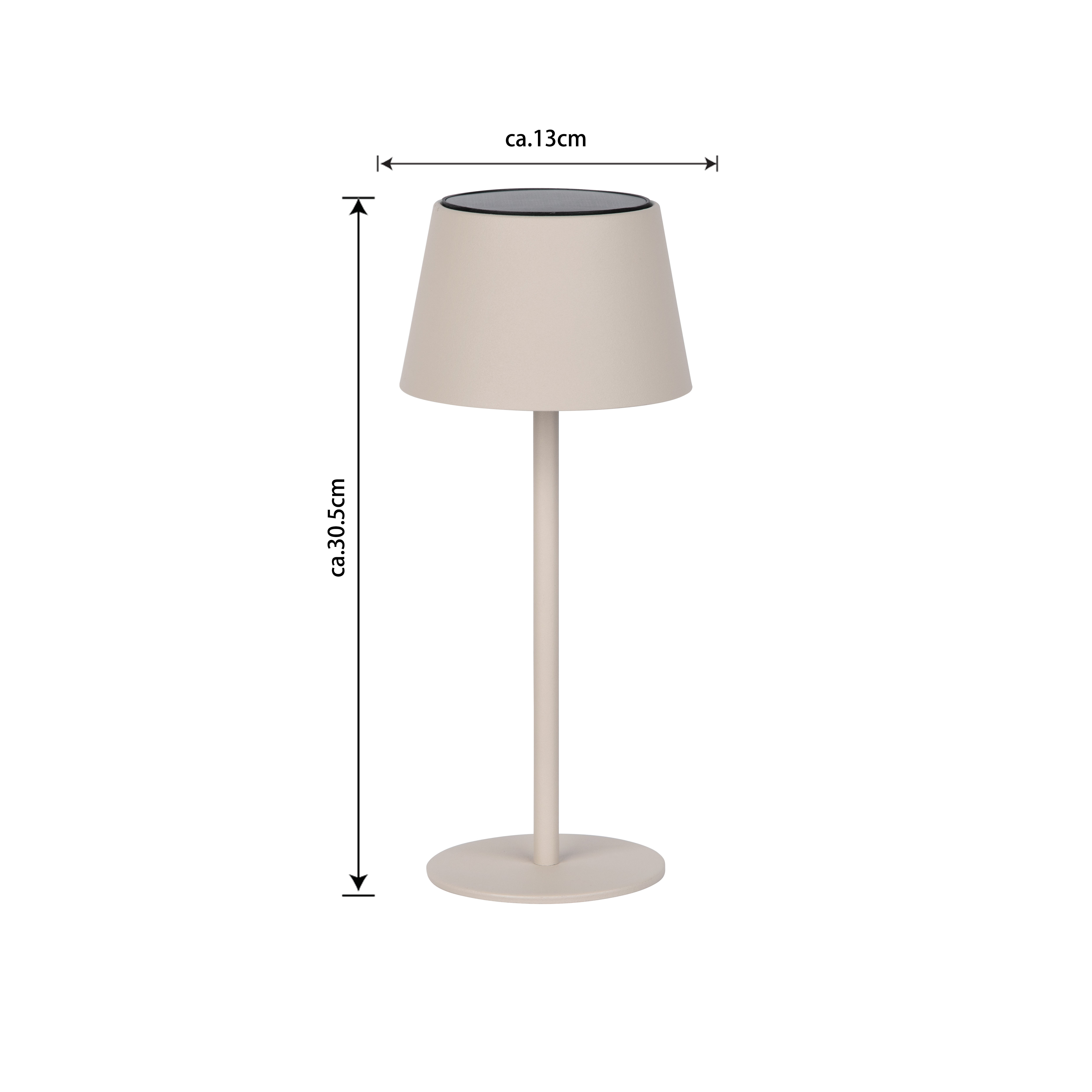 Eine helle Lampe mit rundem Fuß, einem schlanken Stiel und einem kegelförmigen Schirm.