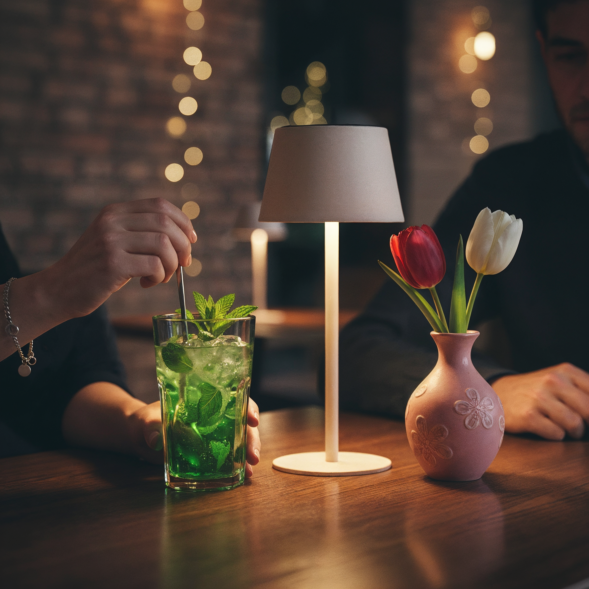 Eine Hand rührt in einem grünen Drink. Ein Tischlicht und Tulpen stehen daneben.