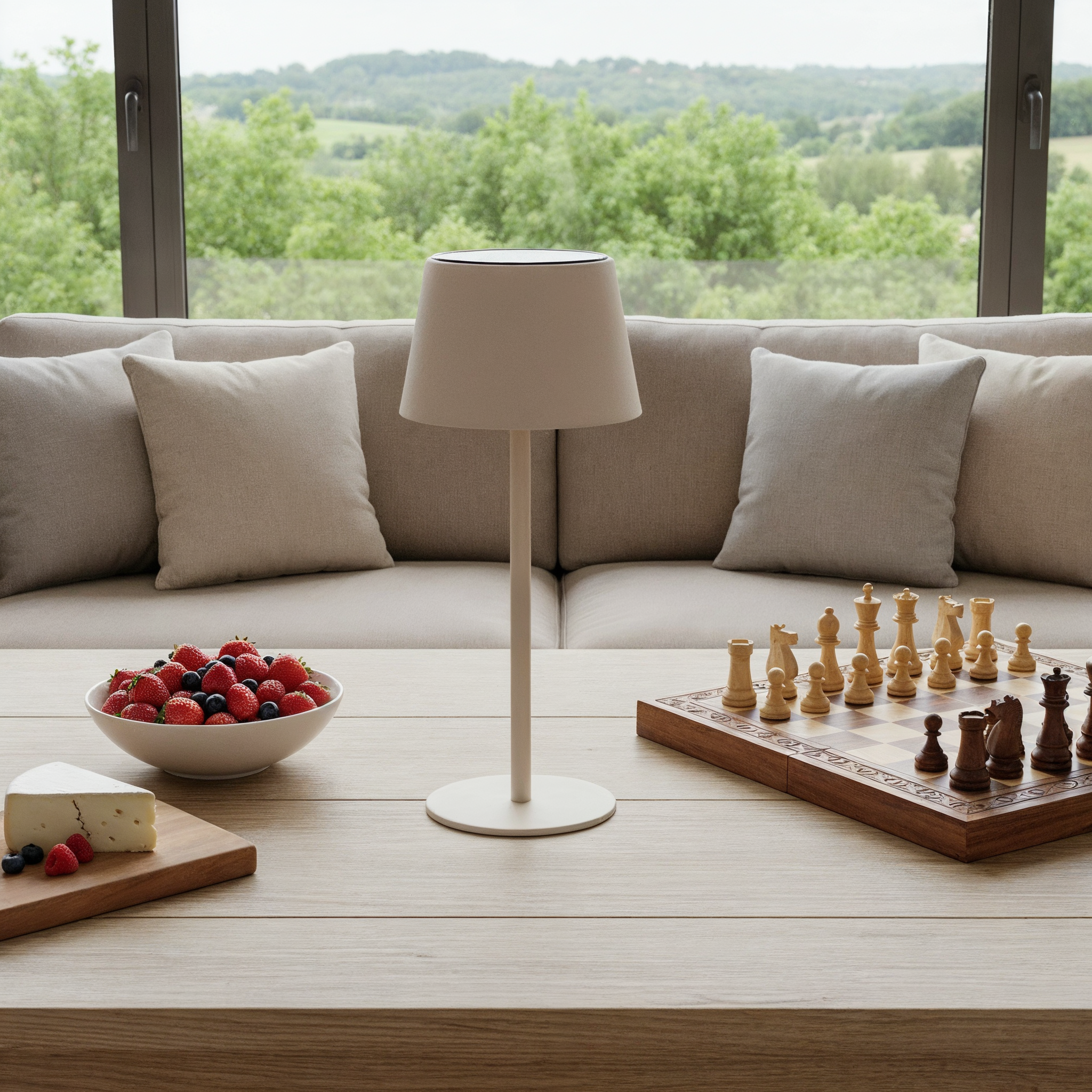 Ein Tisch mit Erdbeeren, Käse, einer Lampe und einem Schachspiel vor einer Couch.