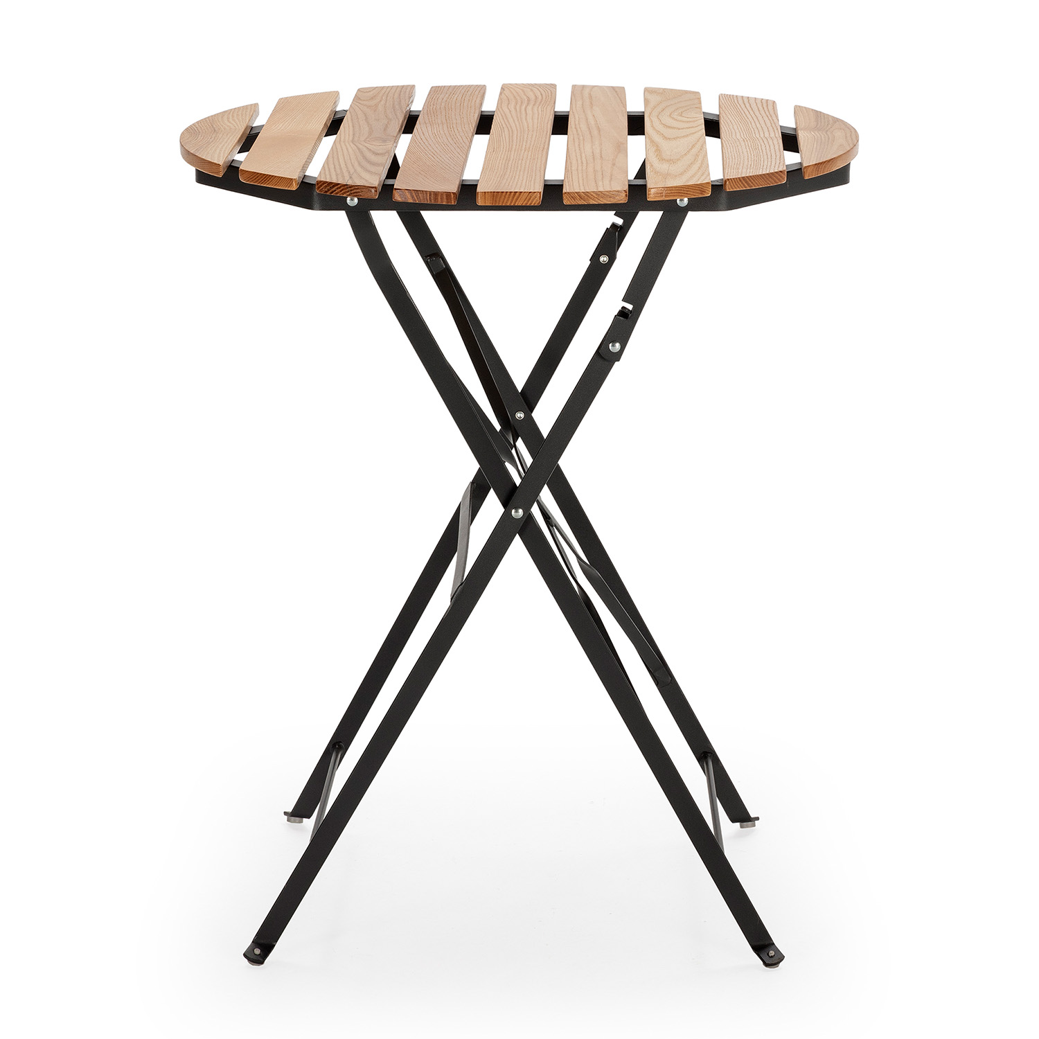 Mesa redonda de madera con patas plegables de metal negro.
