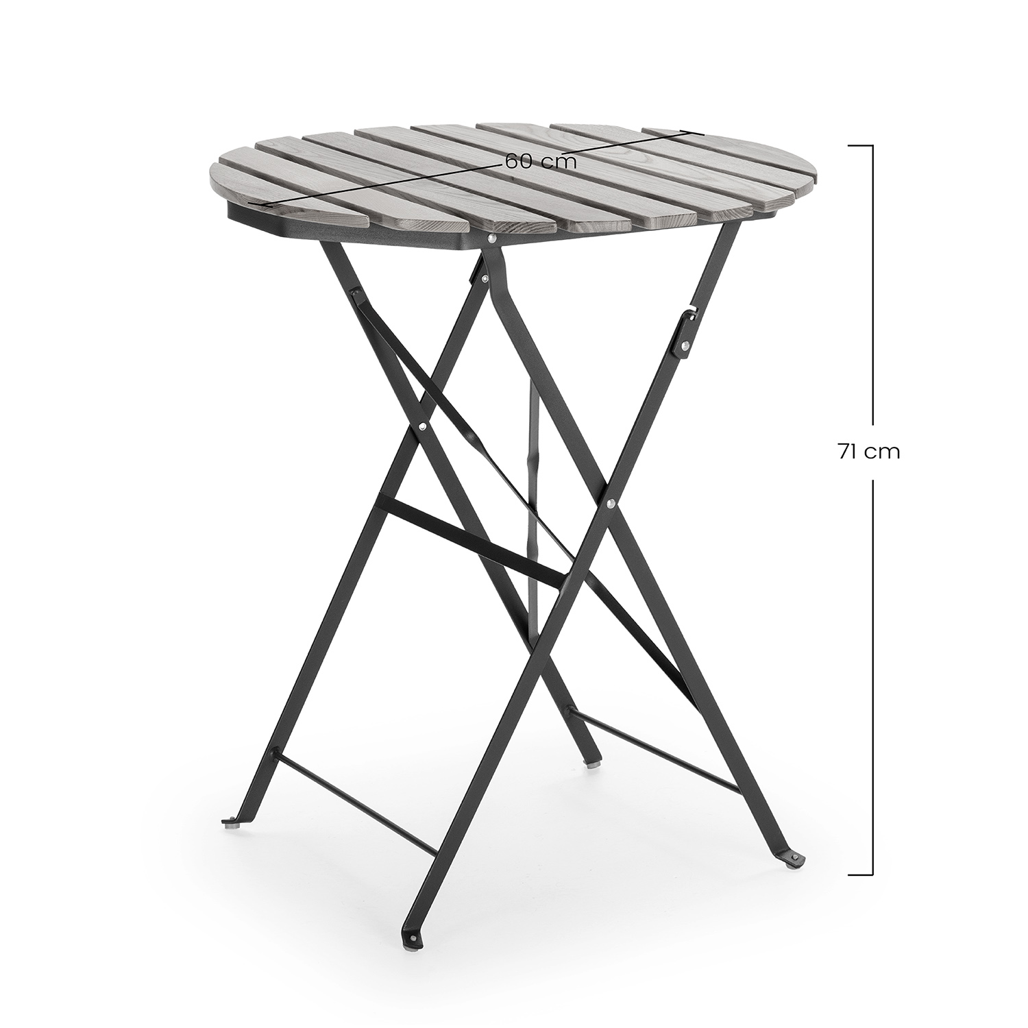 Mesa redonda de madera con estructura plegable de metal, 60 cm de ancho y 71 cm de alto.