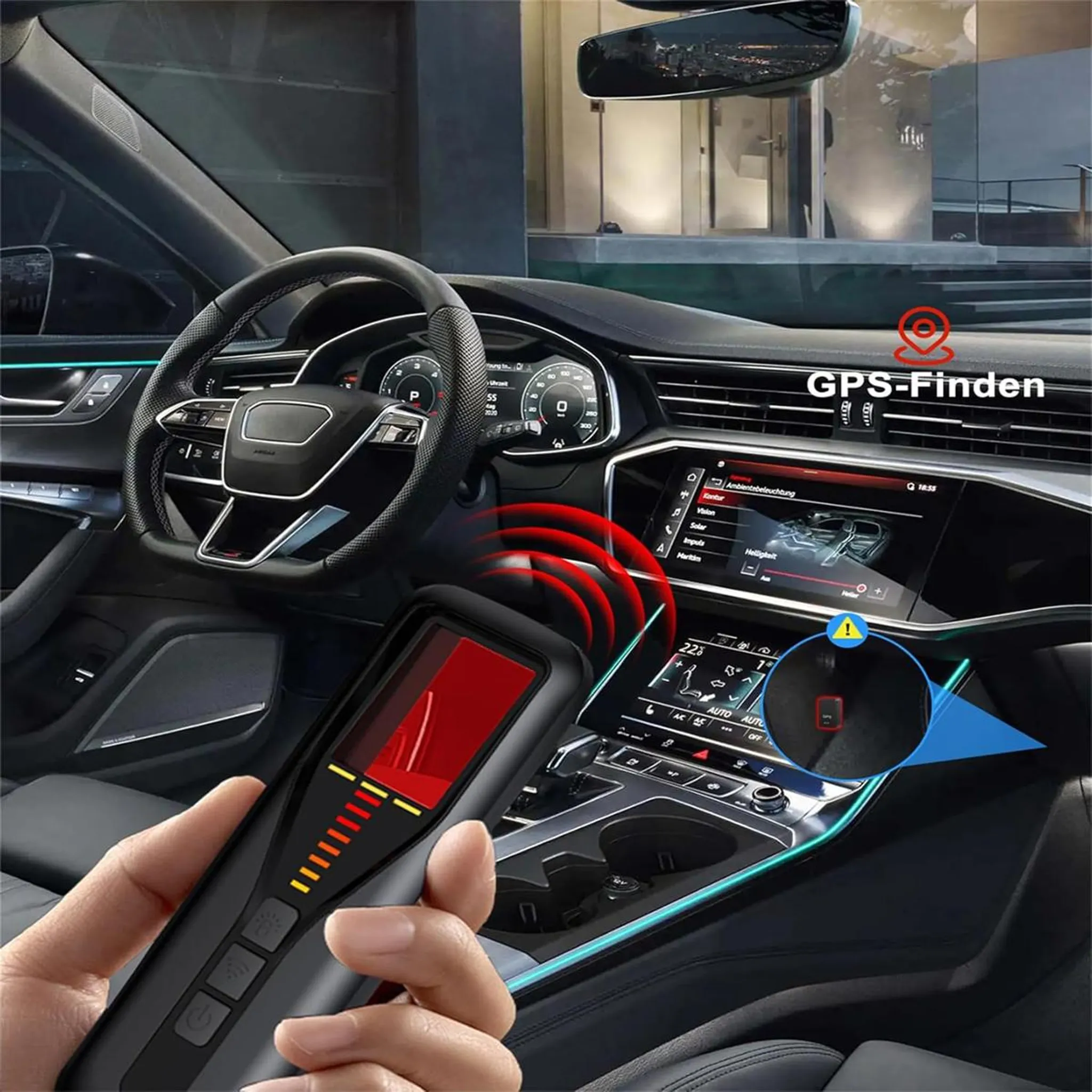 Handheld-Detektor im Auto, zeigt rote Signale auf dem Bildschirm. GPS-Symbol sichtbar.