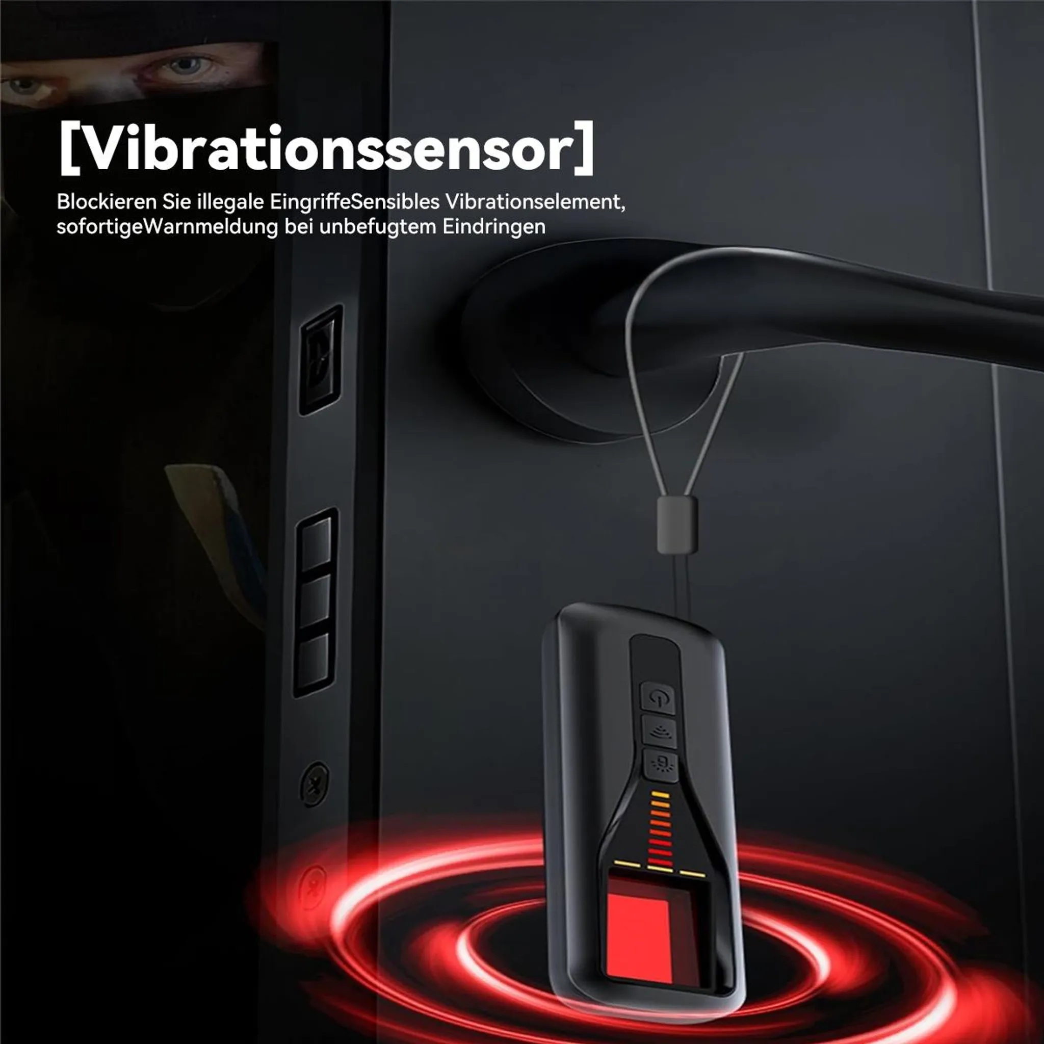 Ein Vibrationssensor hängt an einer schwarzen Tür und zeigt rote Wellenmuster.