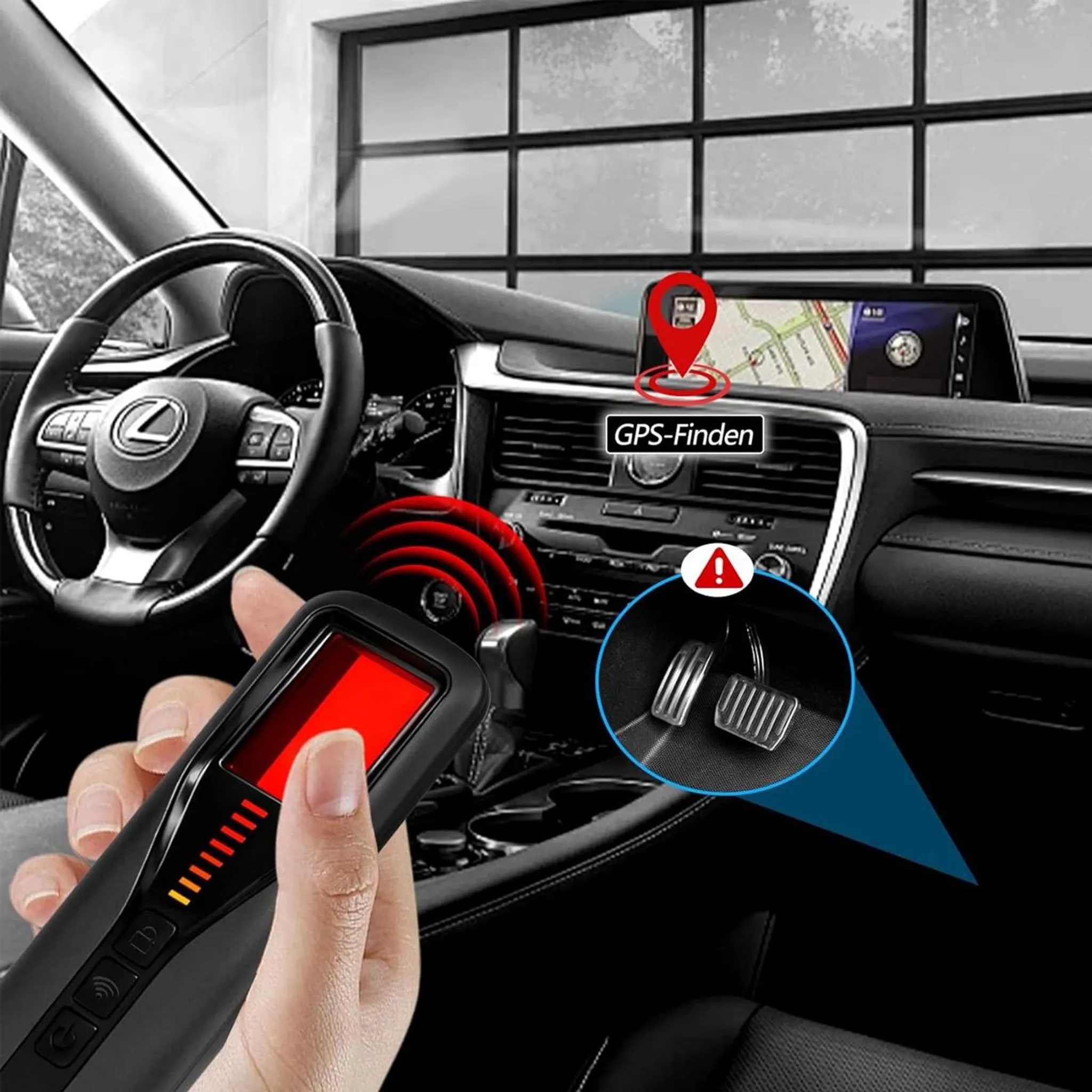 Ein Gerät zur GPS-Ortung wird in einem Auto gehalten, das Lenkrad und Armaturenbrett zeigt.