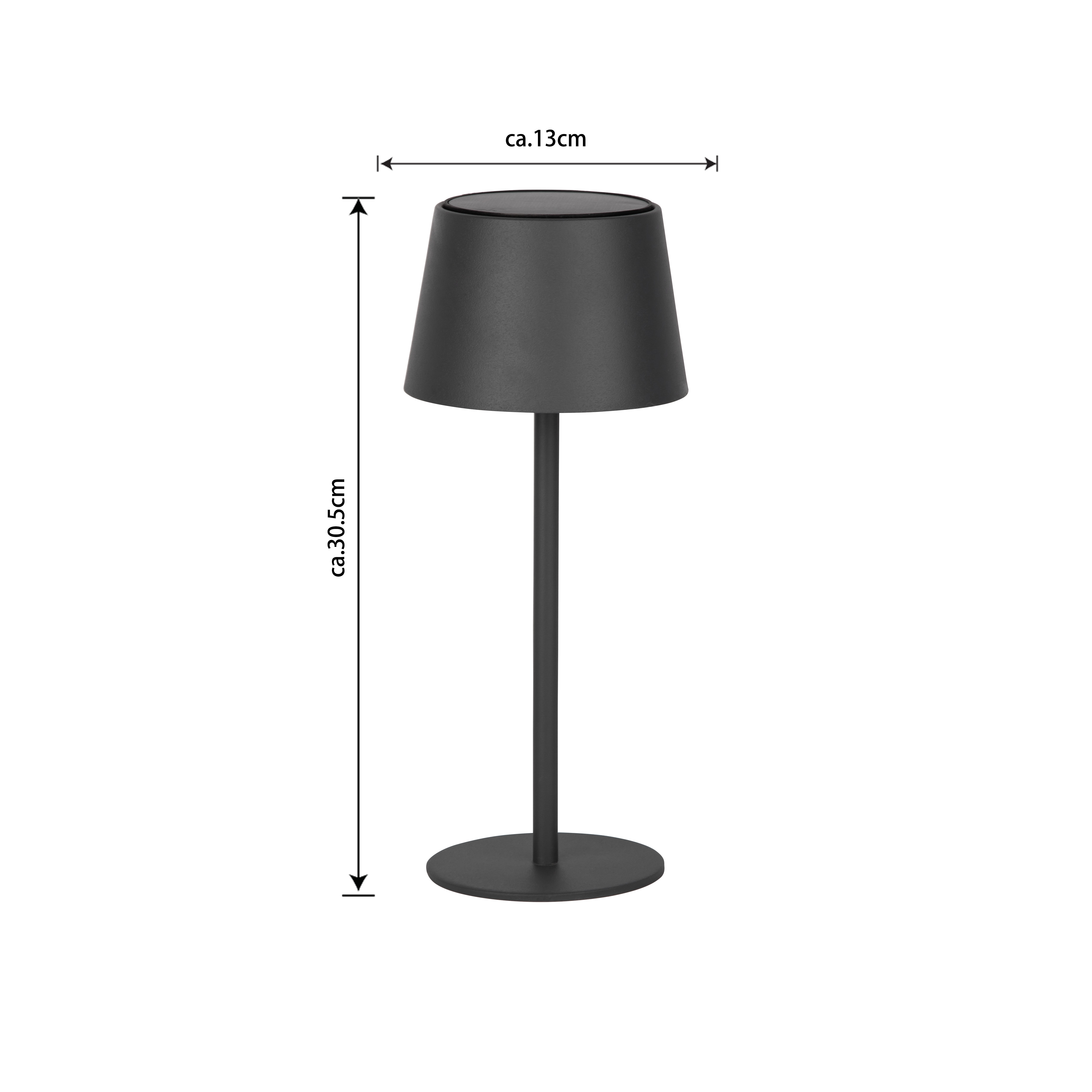 Schwarze Tischlampe mit rundem Fuß, ca. 30,5cm hoch, 13cm breit.