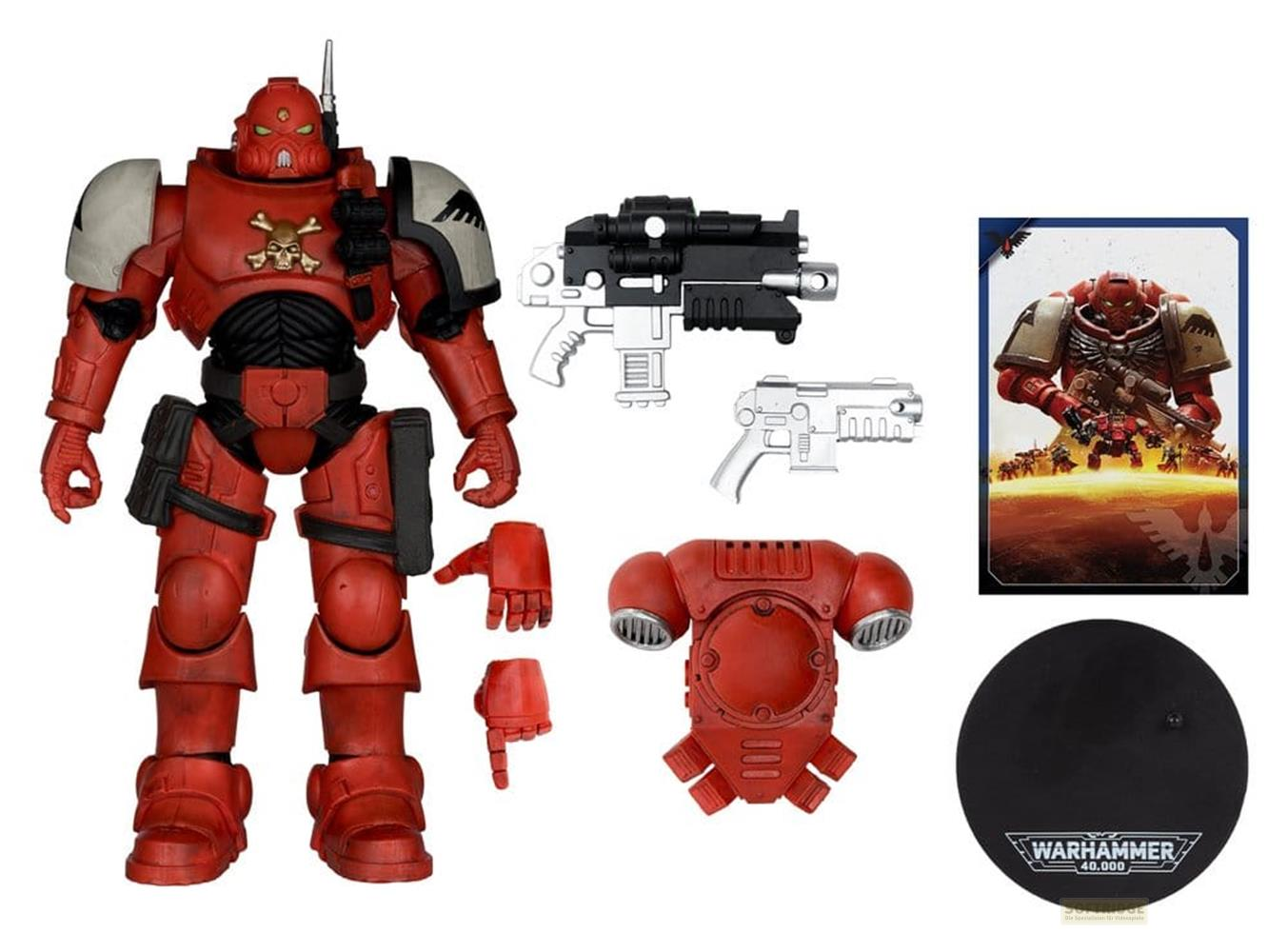 Figura roja de Warhammer 40k con armas, piezas de armadura y soporte.