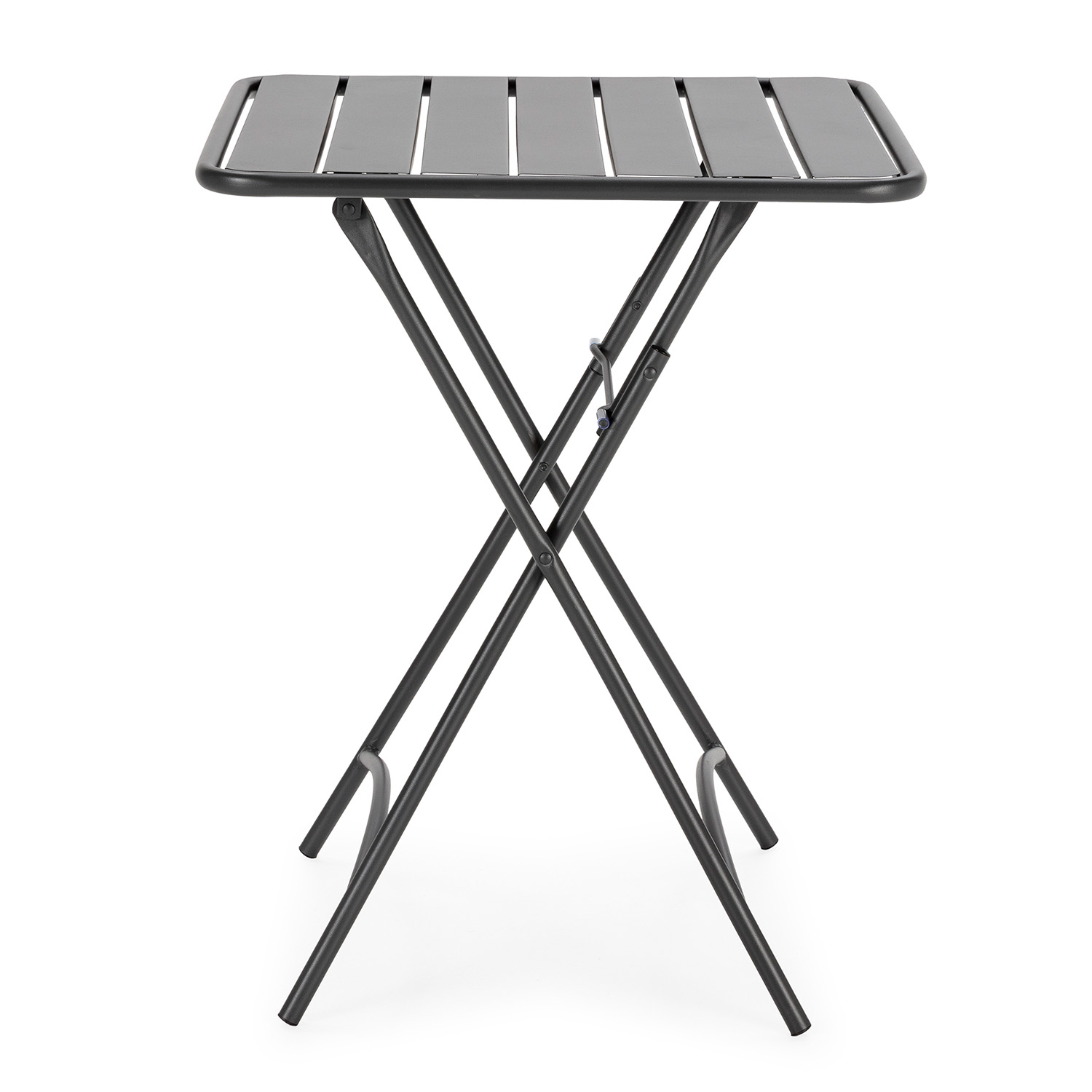Una mesa plegable negra y pequeña con tapa de lamas y base en forma de X.