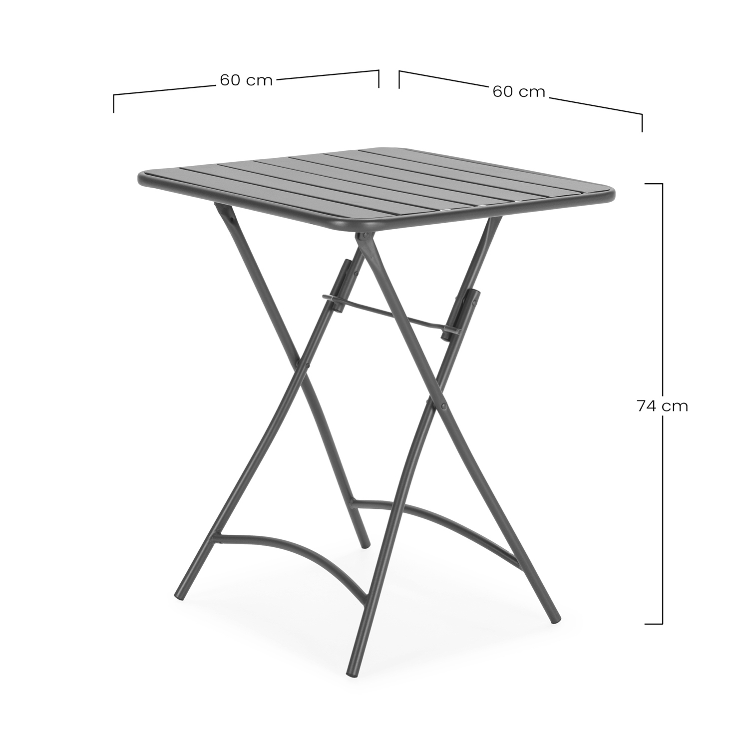Mesa plegable gris con estructura metálica, tapa de 60x60 cm y altura de 74 cm.