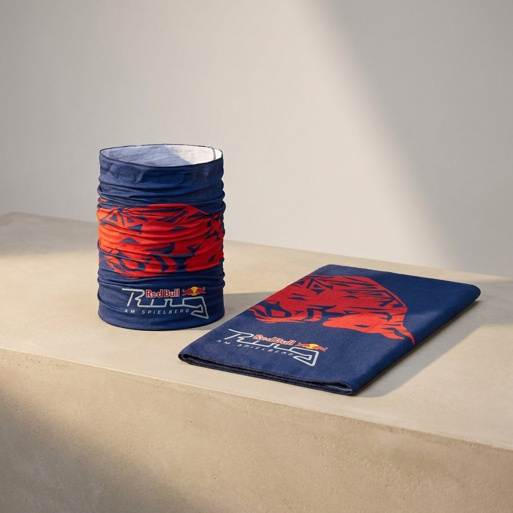 Scaldacollo e bandana piegata Red Bull con logo e design pista da corsa.
