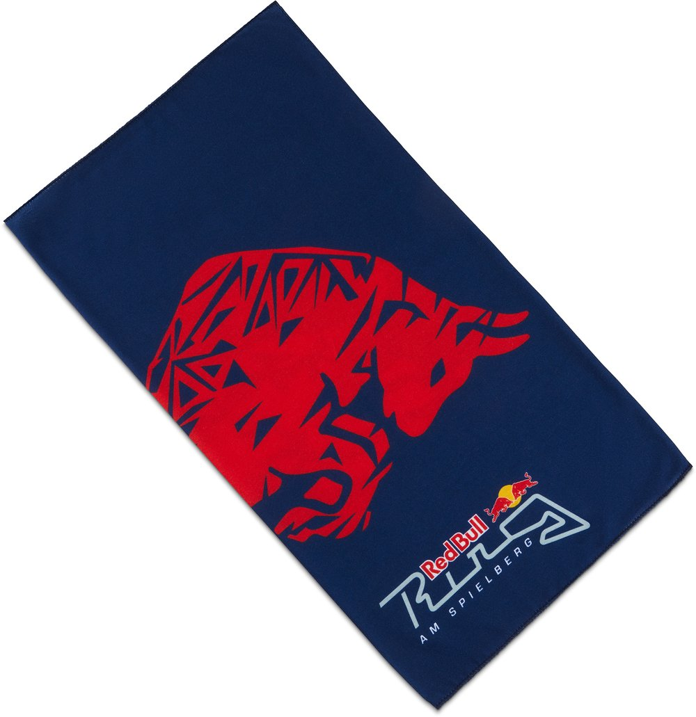 Panno blu scuro con disegno di toro rosso e logo Red Bull.