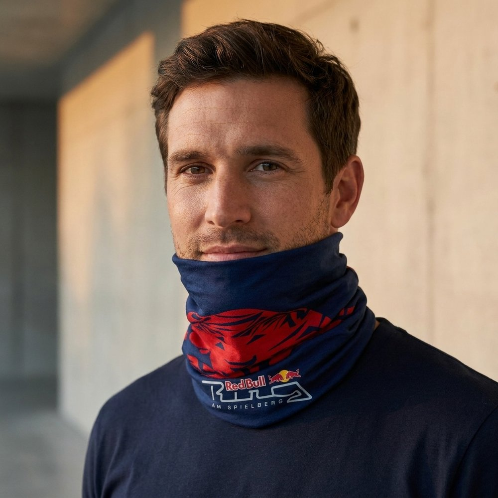Uomo con scaldacollo Red Bull con motivo di pista contro muro di cemento.