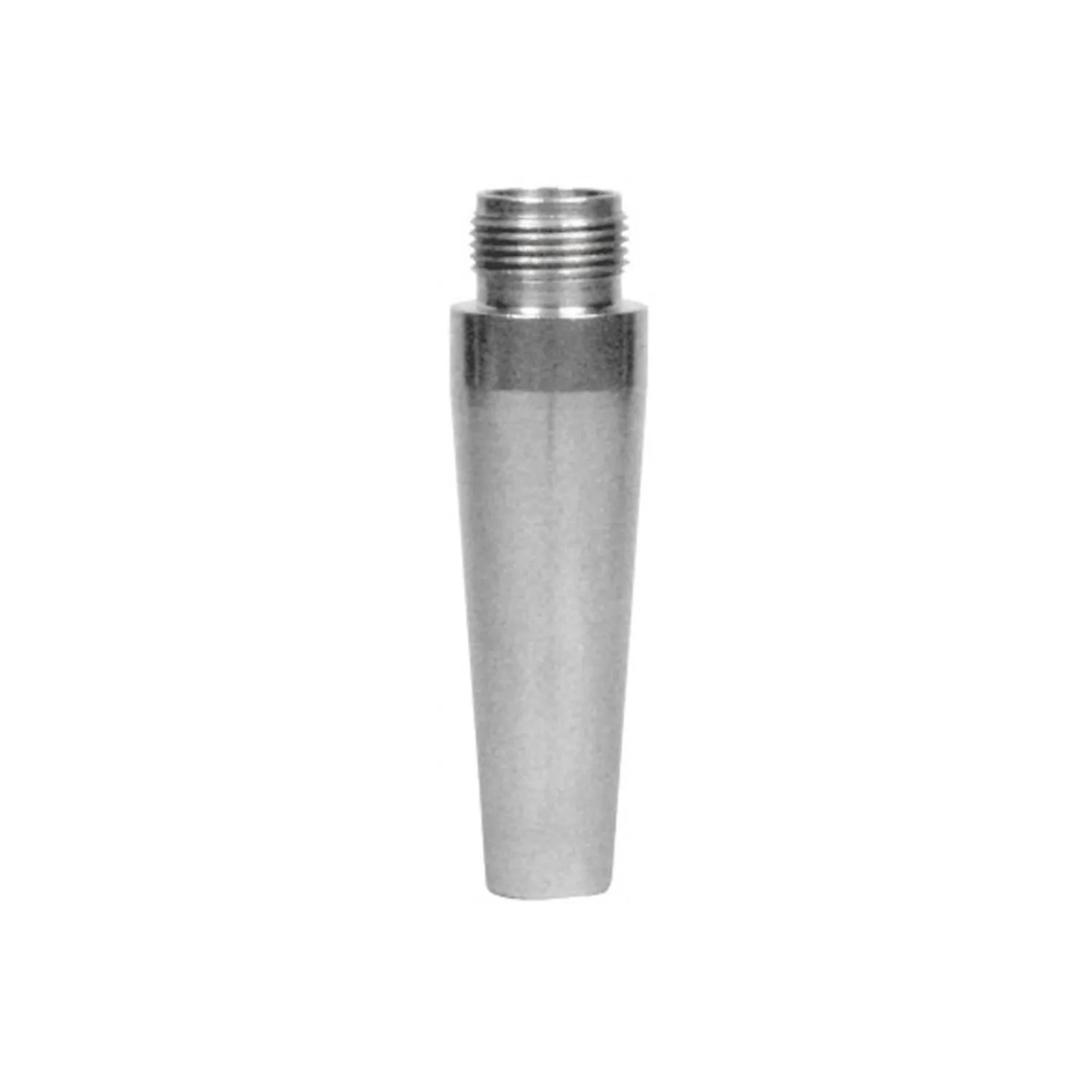 A sleek, silver metal part with threading at the top and a conical shaft.