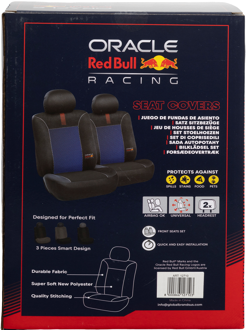 Scatola per coprisedili Oracle Red Bull Racing, con immagine dei coprisedili.
