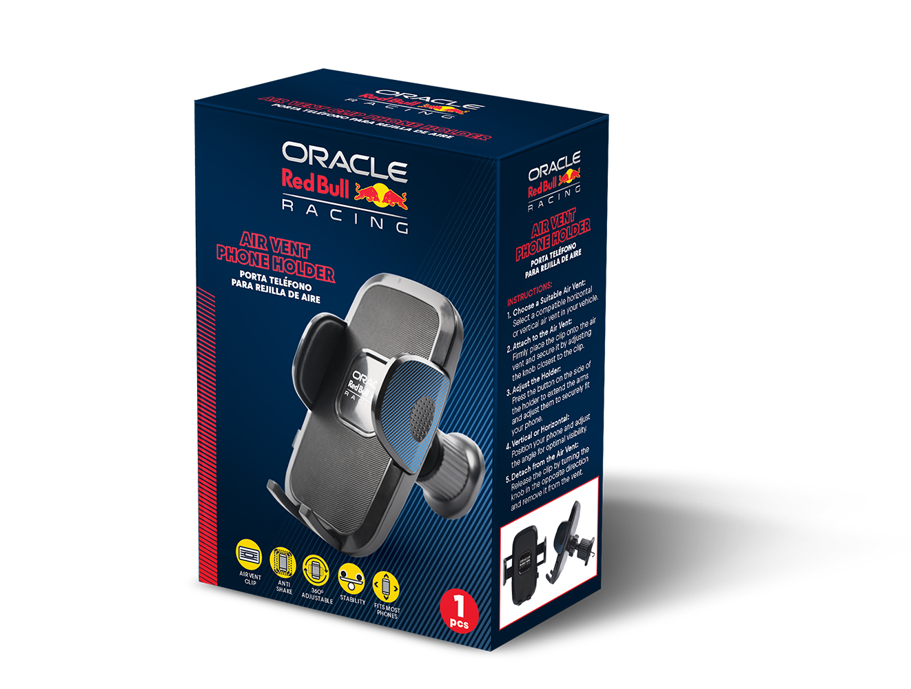 Scatola porta telefono per bocchetta aria Oracle Red Bull Racing con istruzioni.