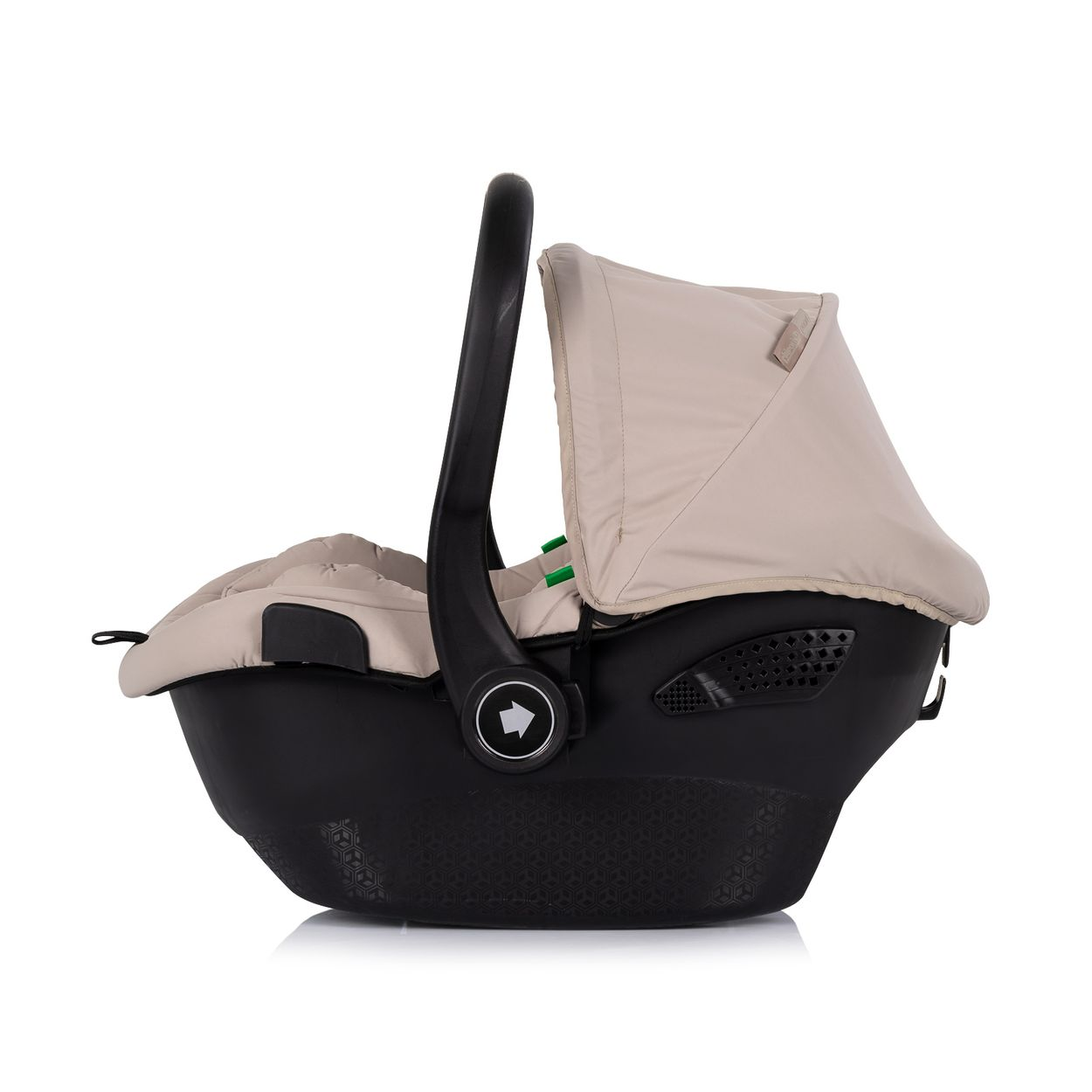 Ein schwarzer Babytragekorb mit beige Polsterung und Verdeck, weiem Griff.